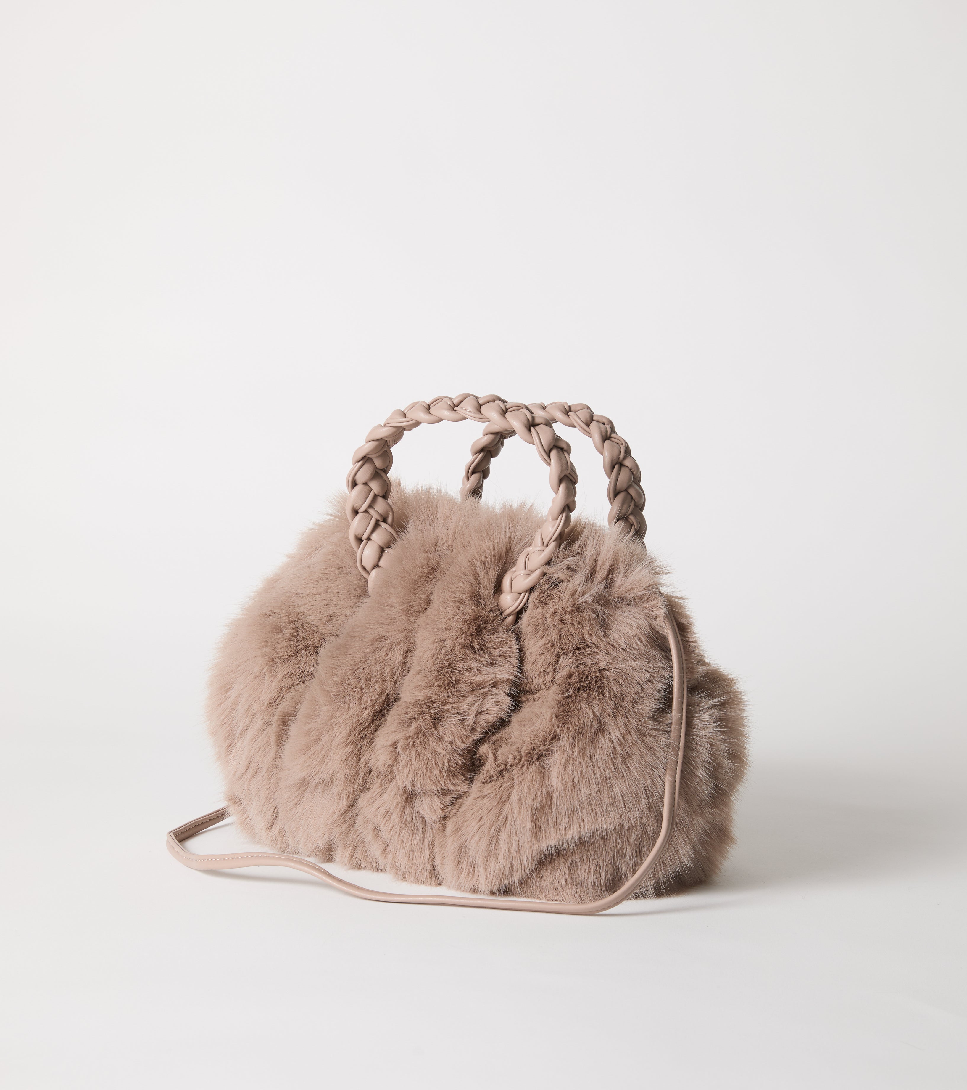 Faux fur bag with woven handles