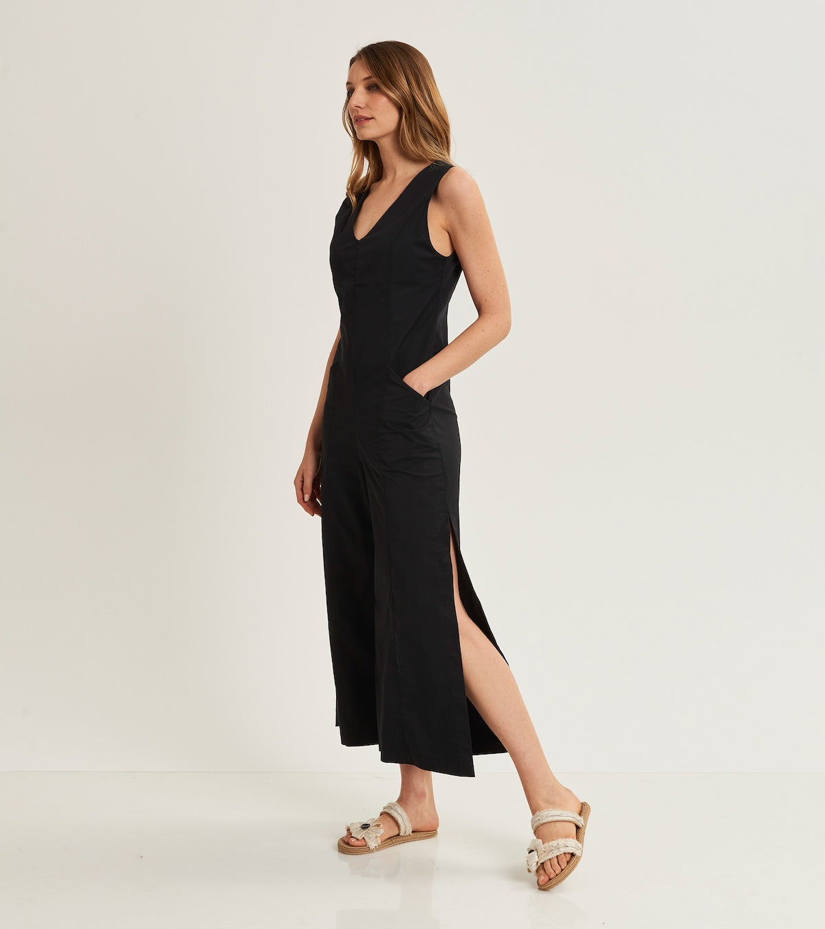 V-neck jumpsuit with slits