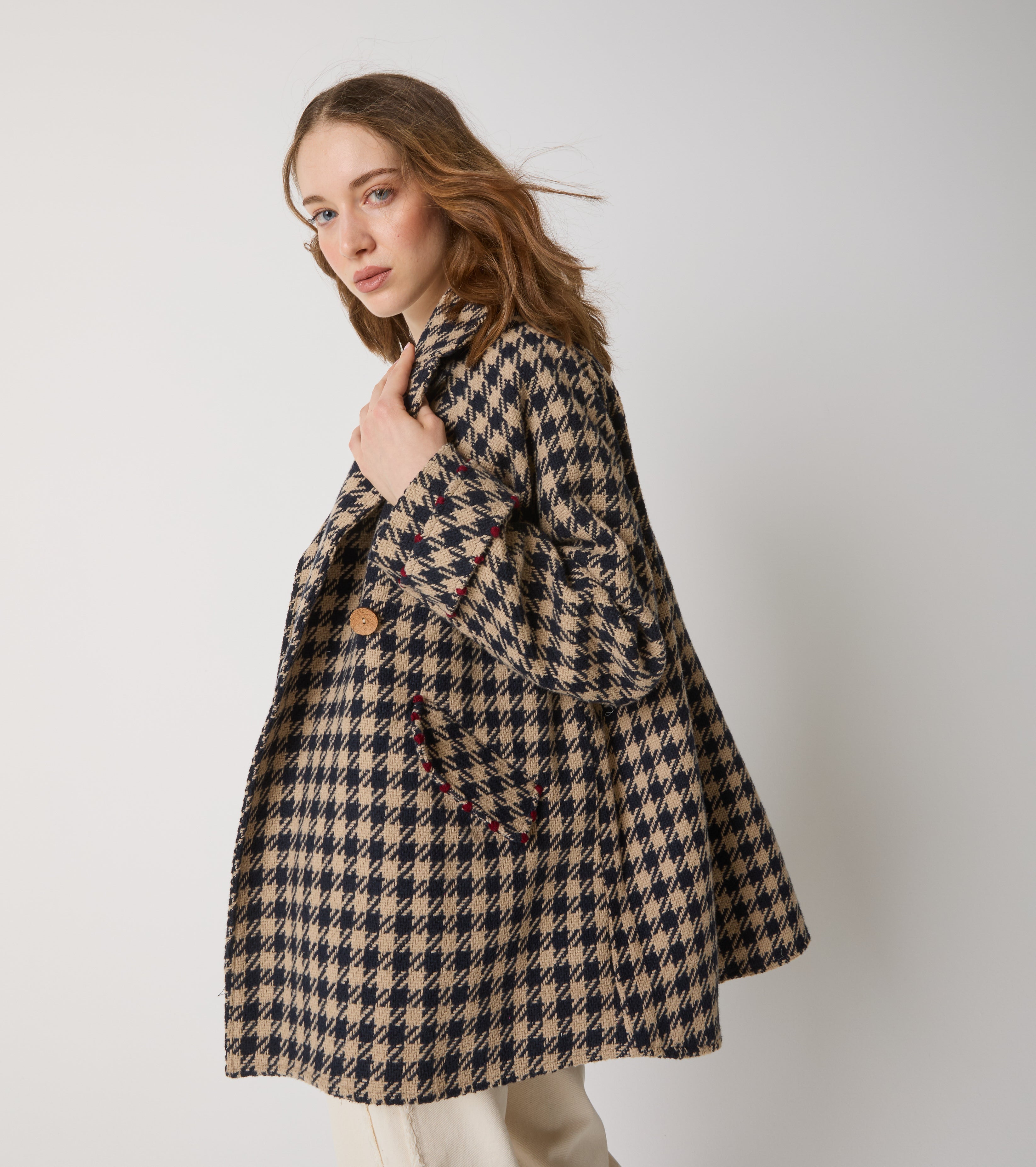 Houndstooth coat in wool and cotton