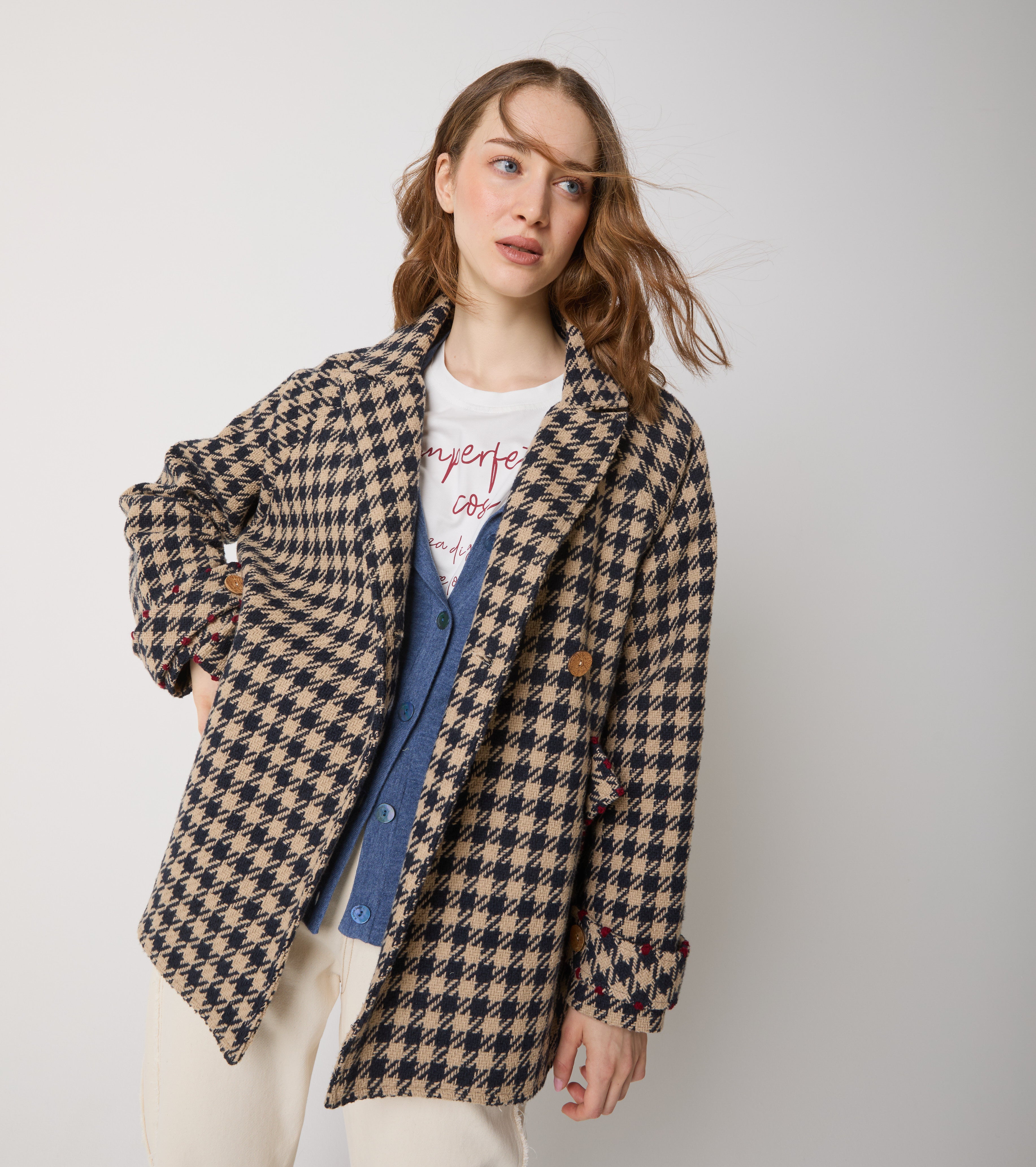 Houndstooth coat in wool and cotton