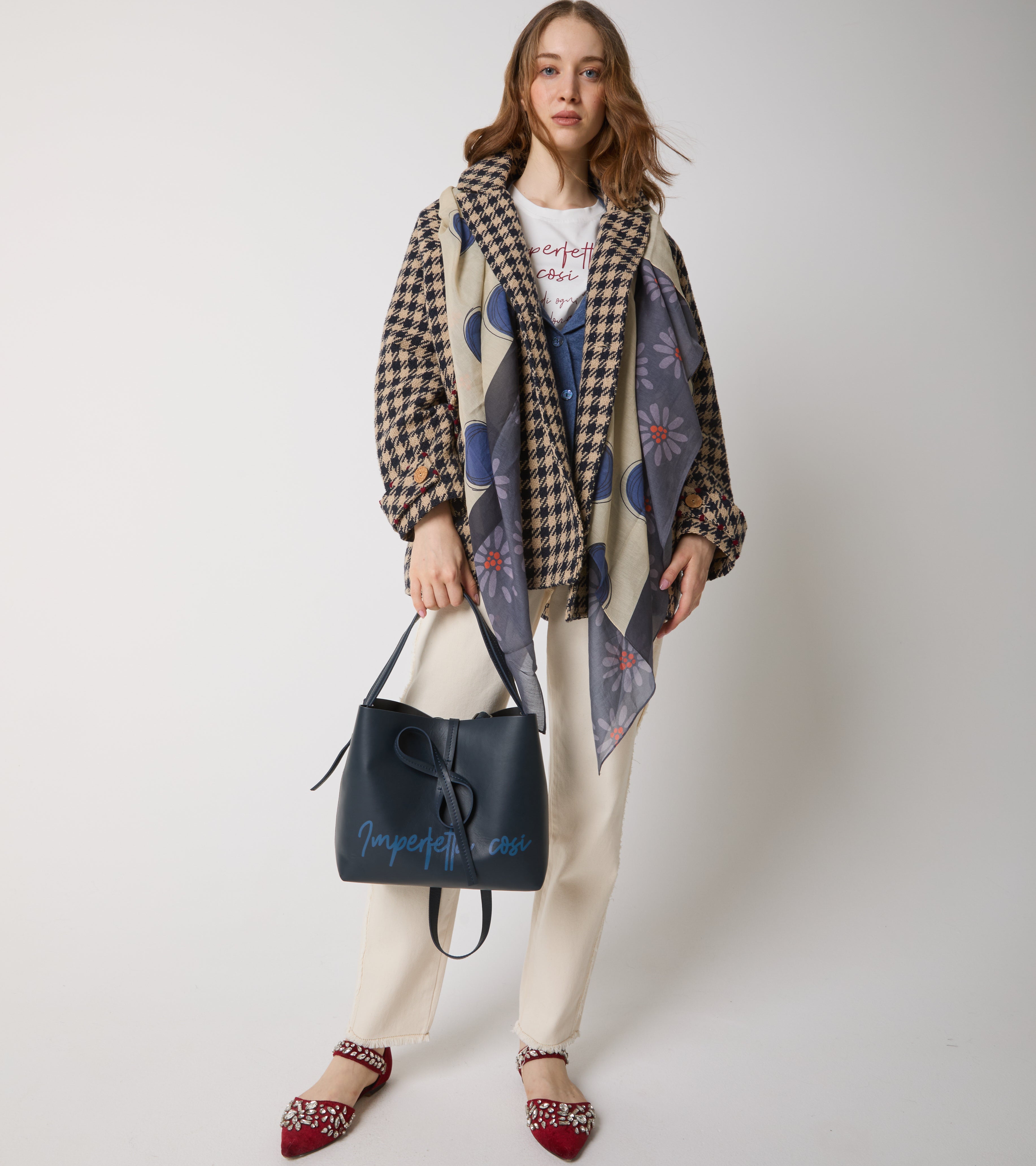 Houndstooth coat in wool and cotton