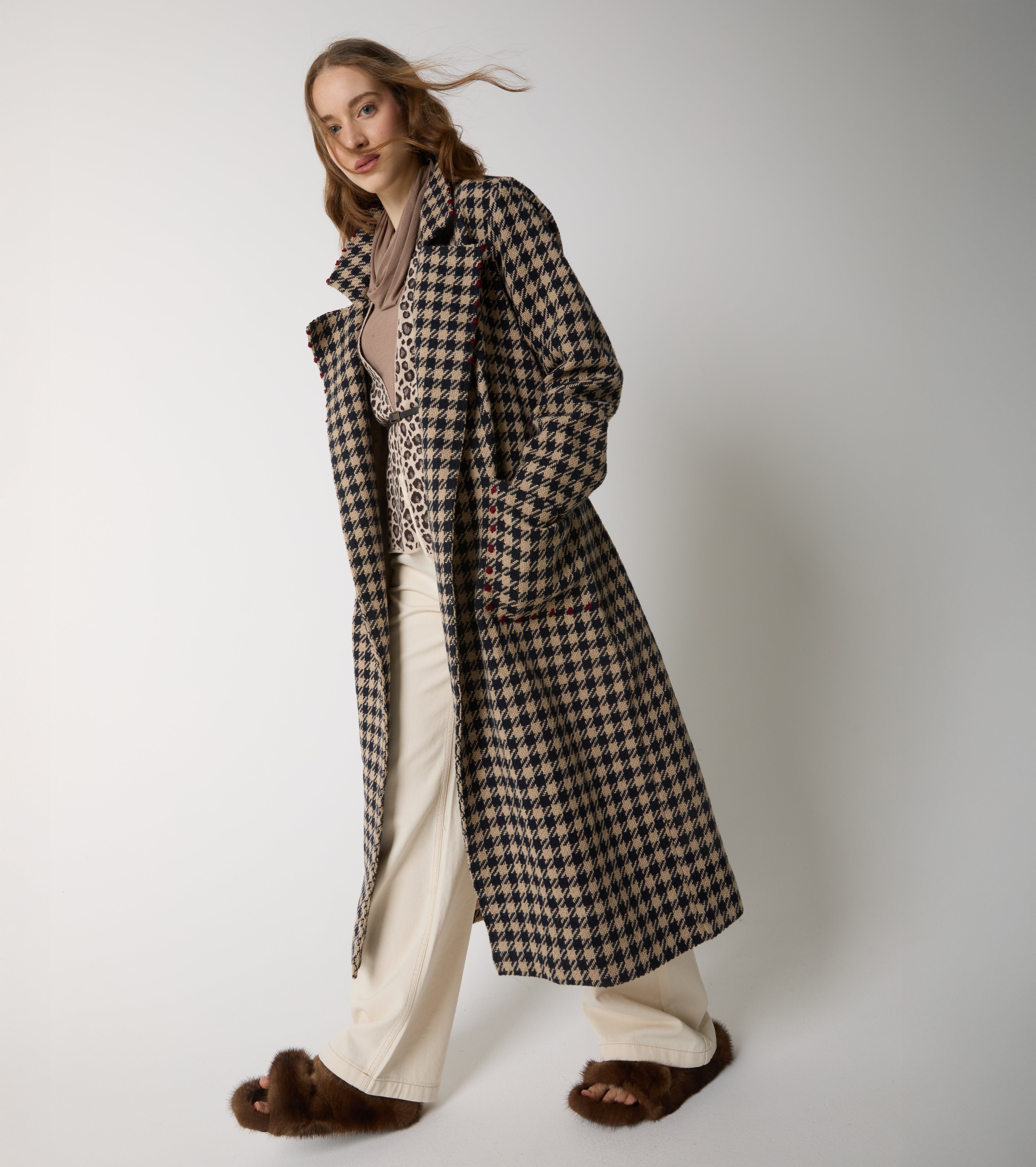 Cappotto lungo in lana e cotone pied de poule