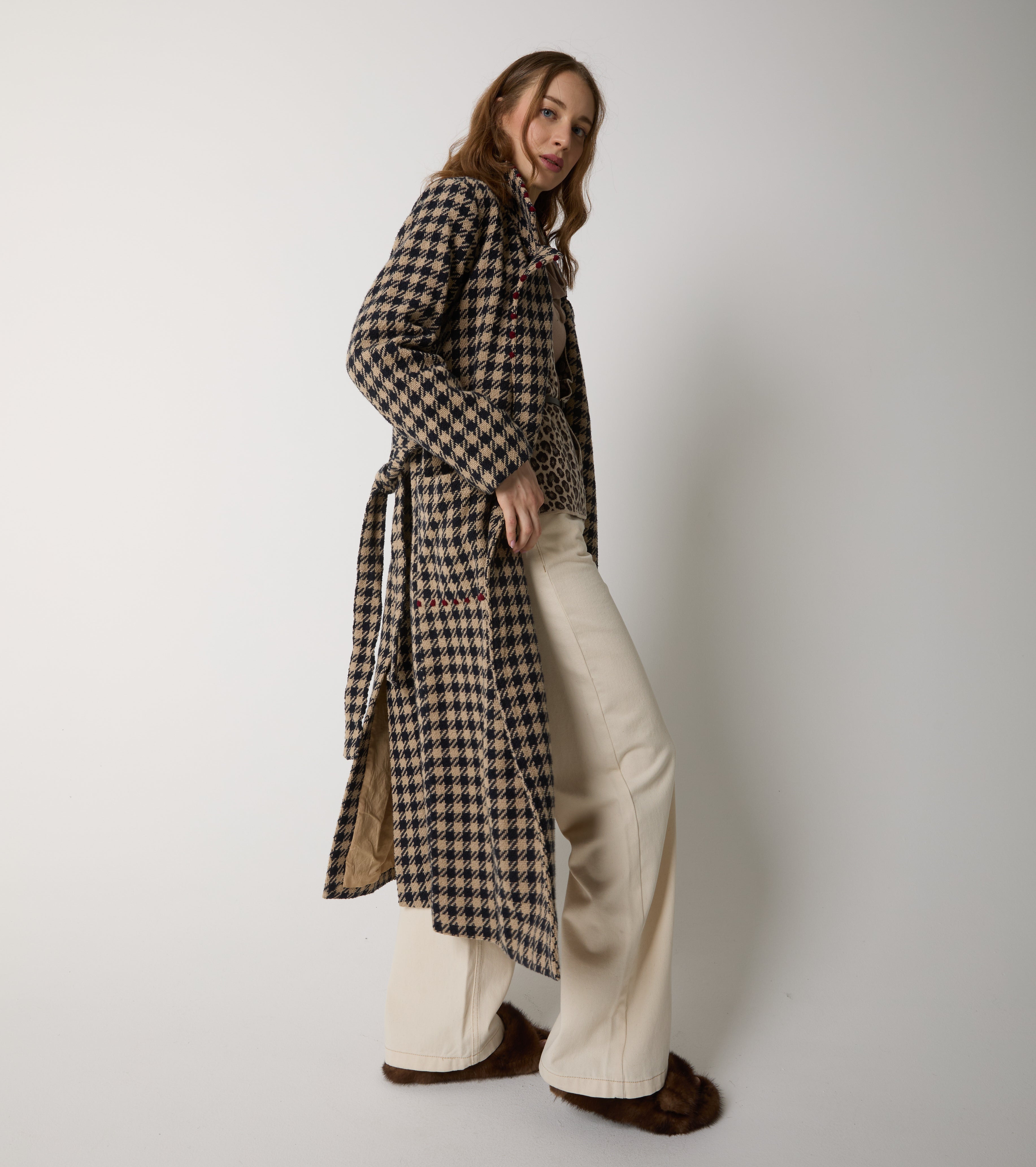 Cappotto lungo in lana e cotone pied de poule