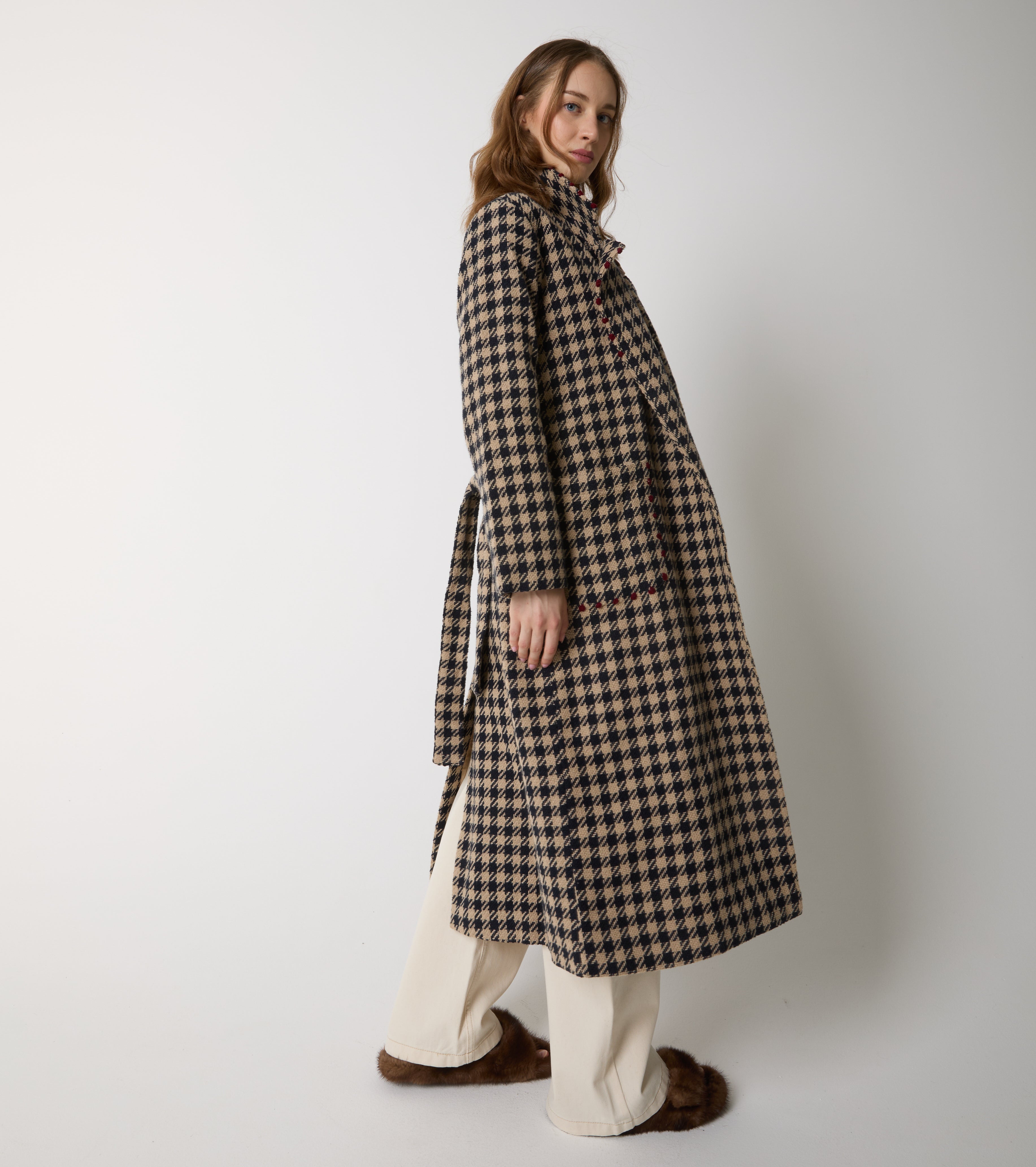 Cappotto lungo in lana e cotone pied de poule