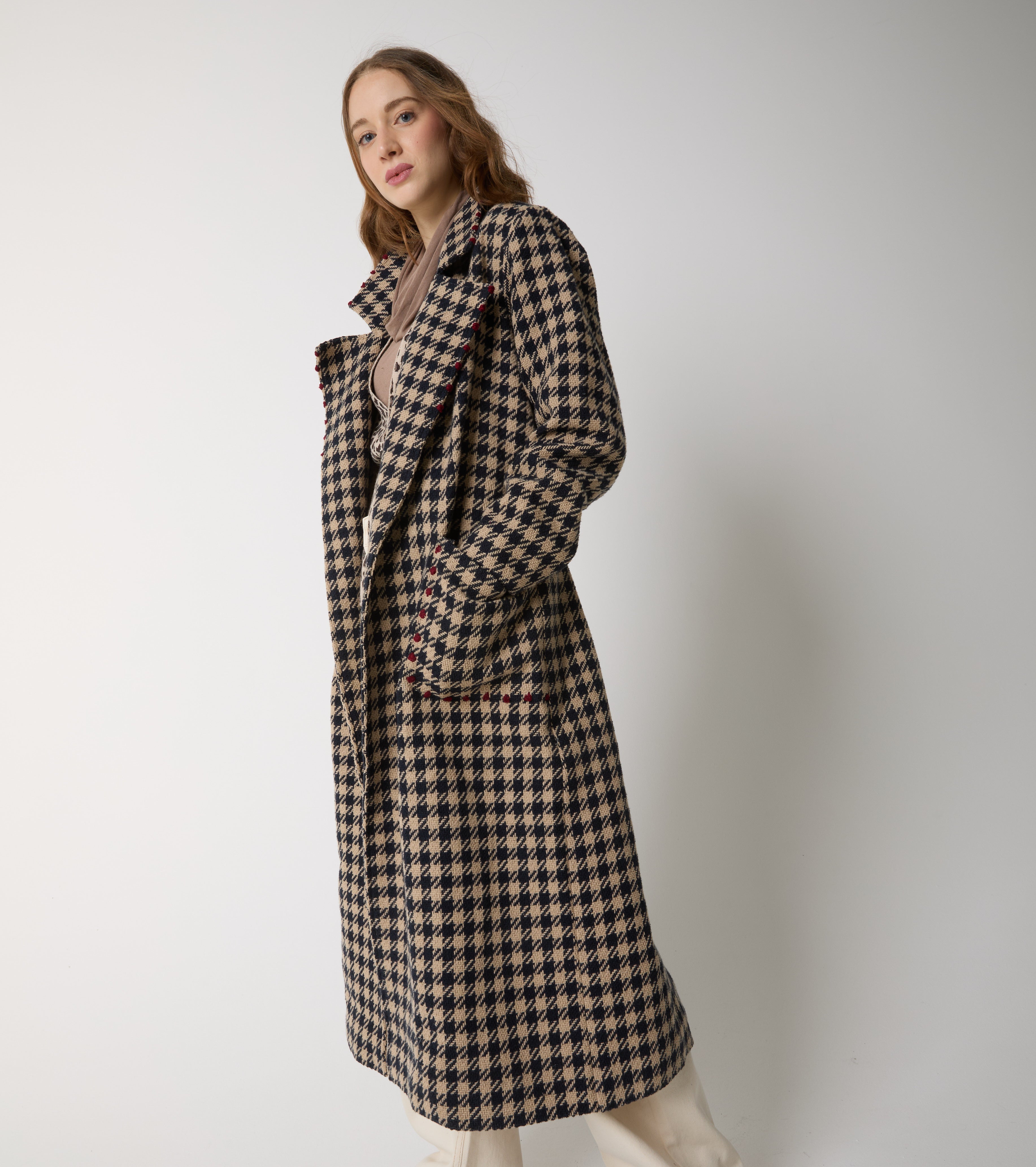 Cappotto lungo in lana e cotone pied de poule