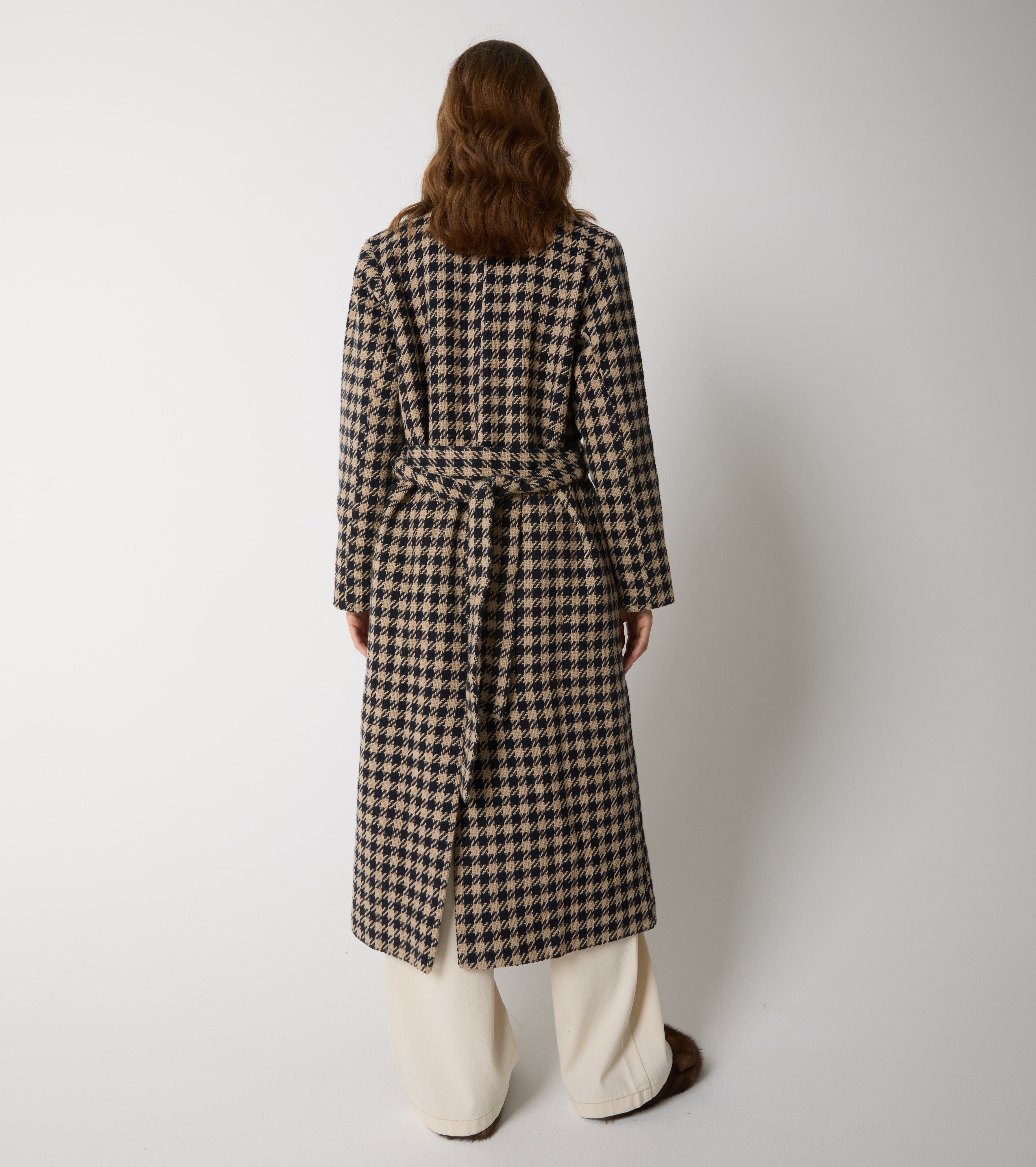 Cappotto lungo in lana e cotone pied de poule