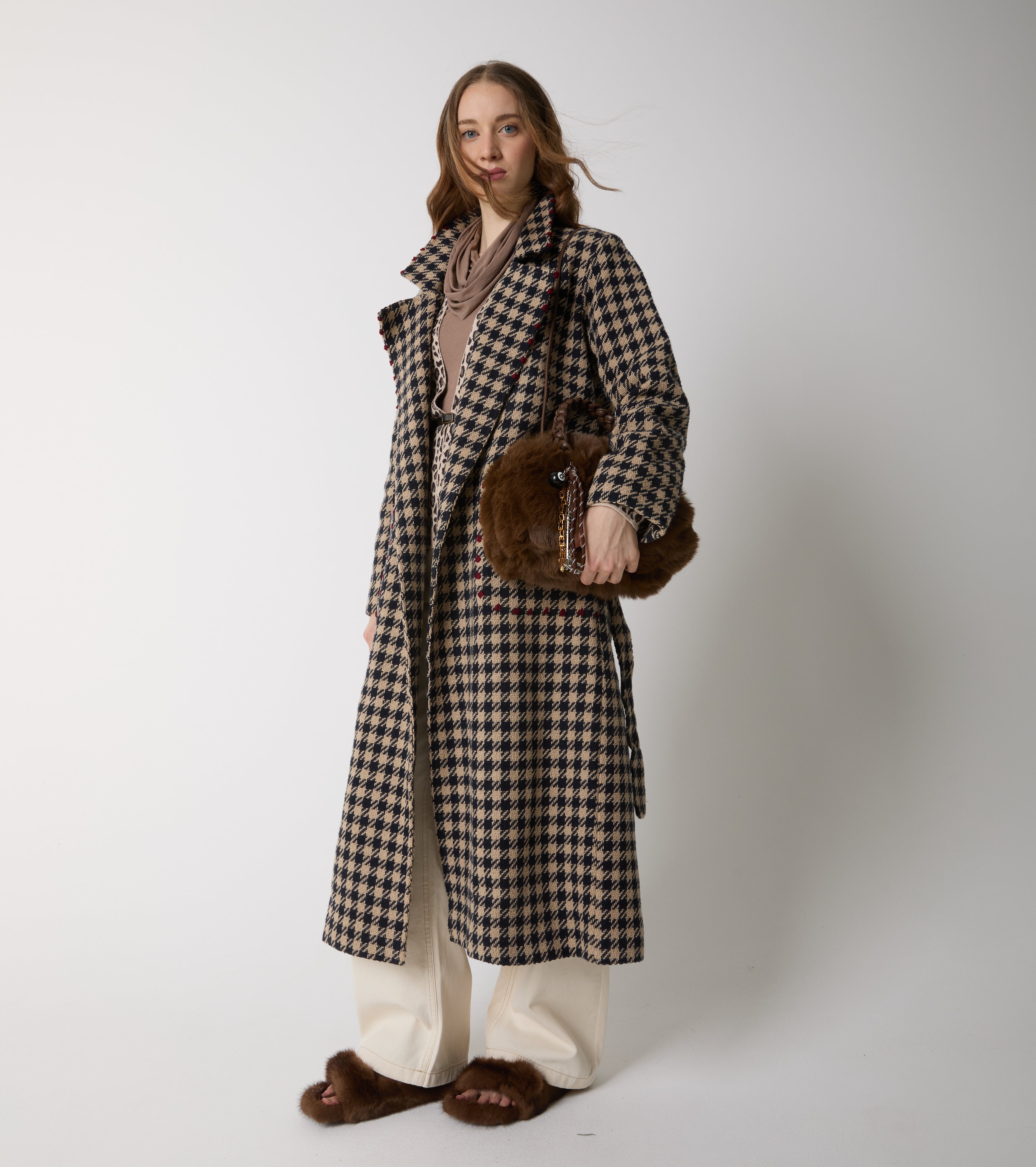Cappotto lungo in lana e cotone pied de poule