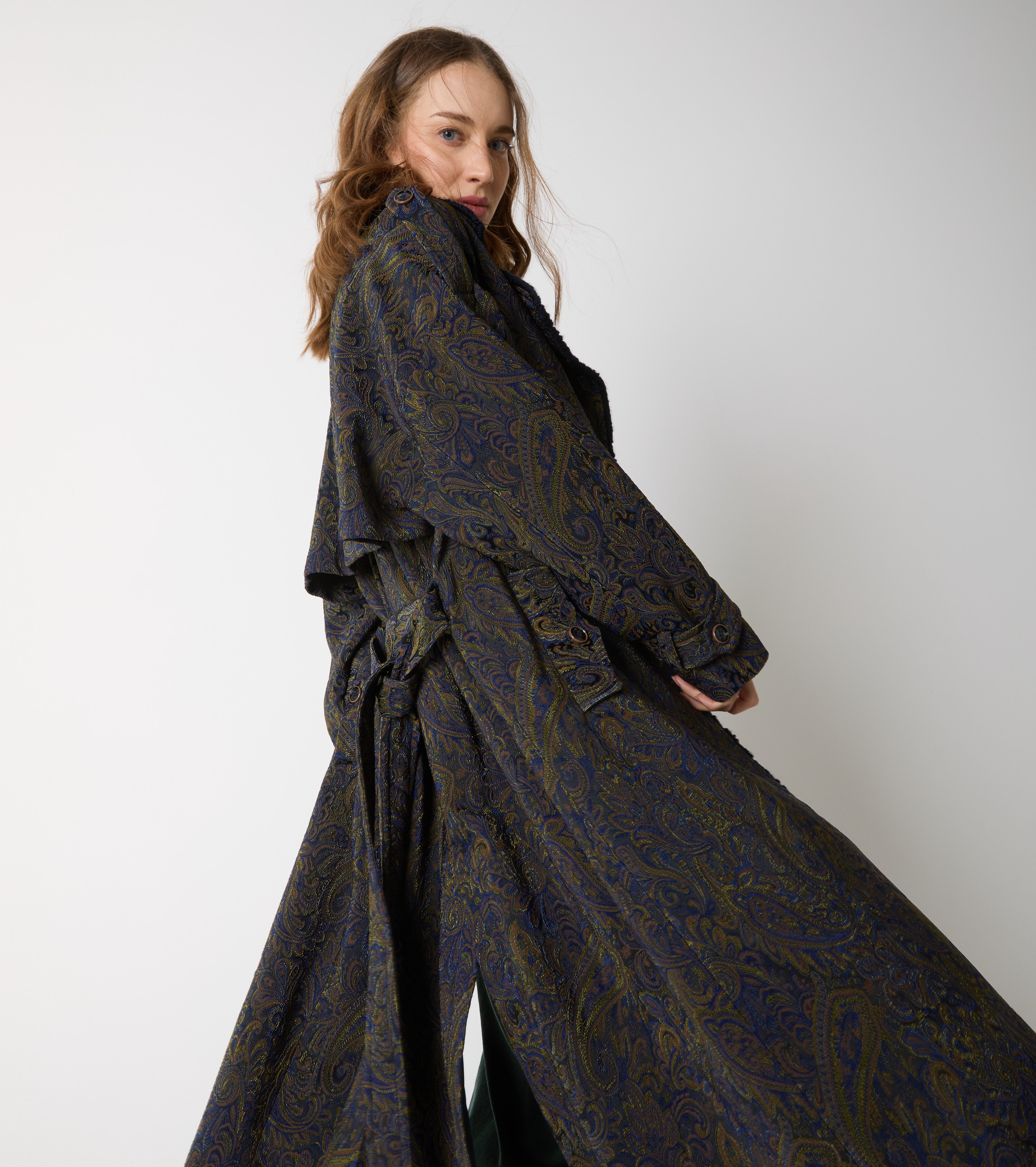 Jacquard trench coat with belt
