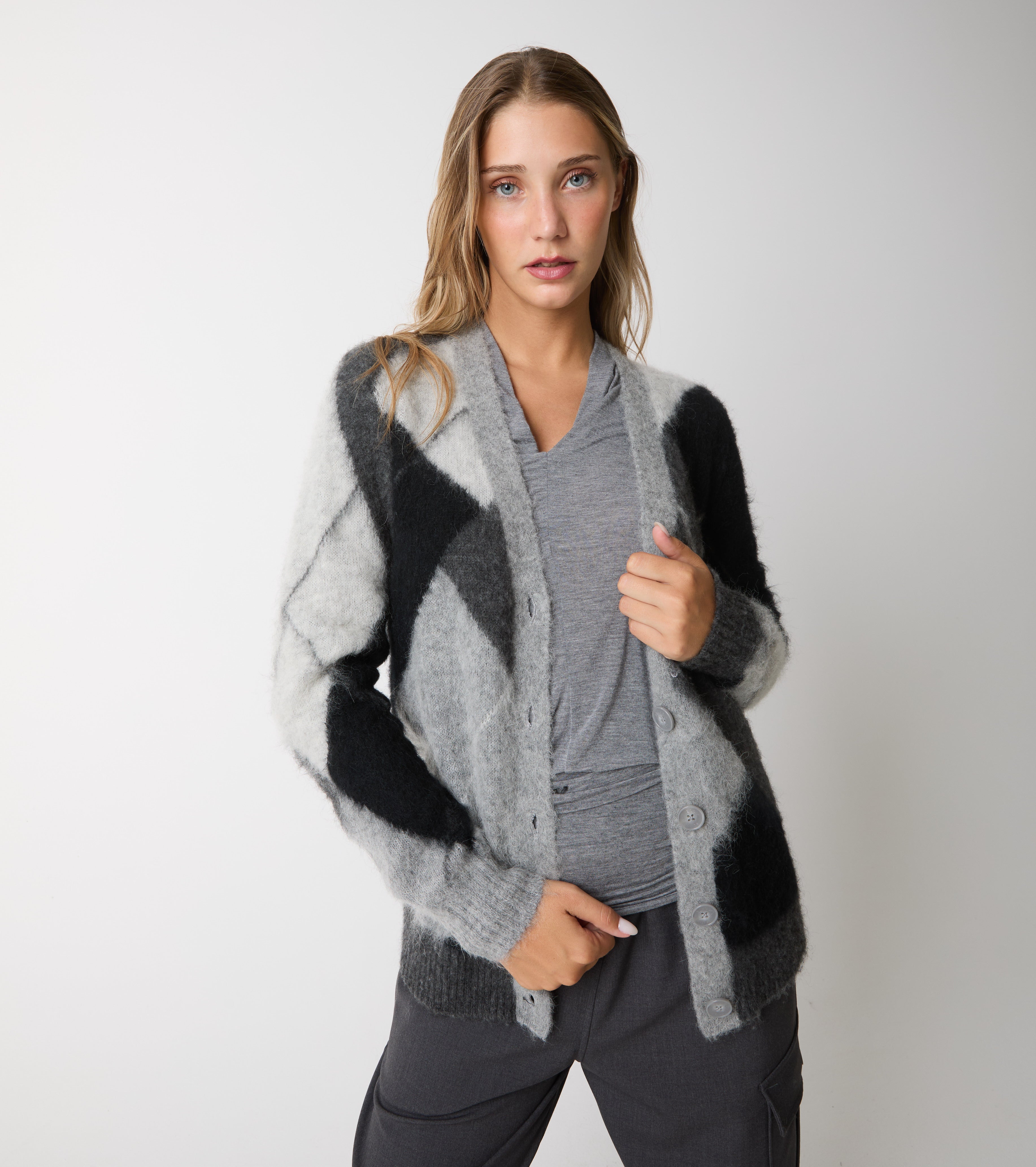 Cardigan in alpaca e lana argyle