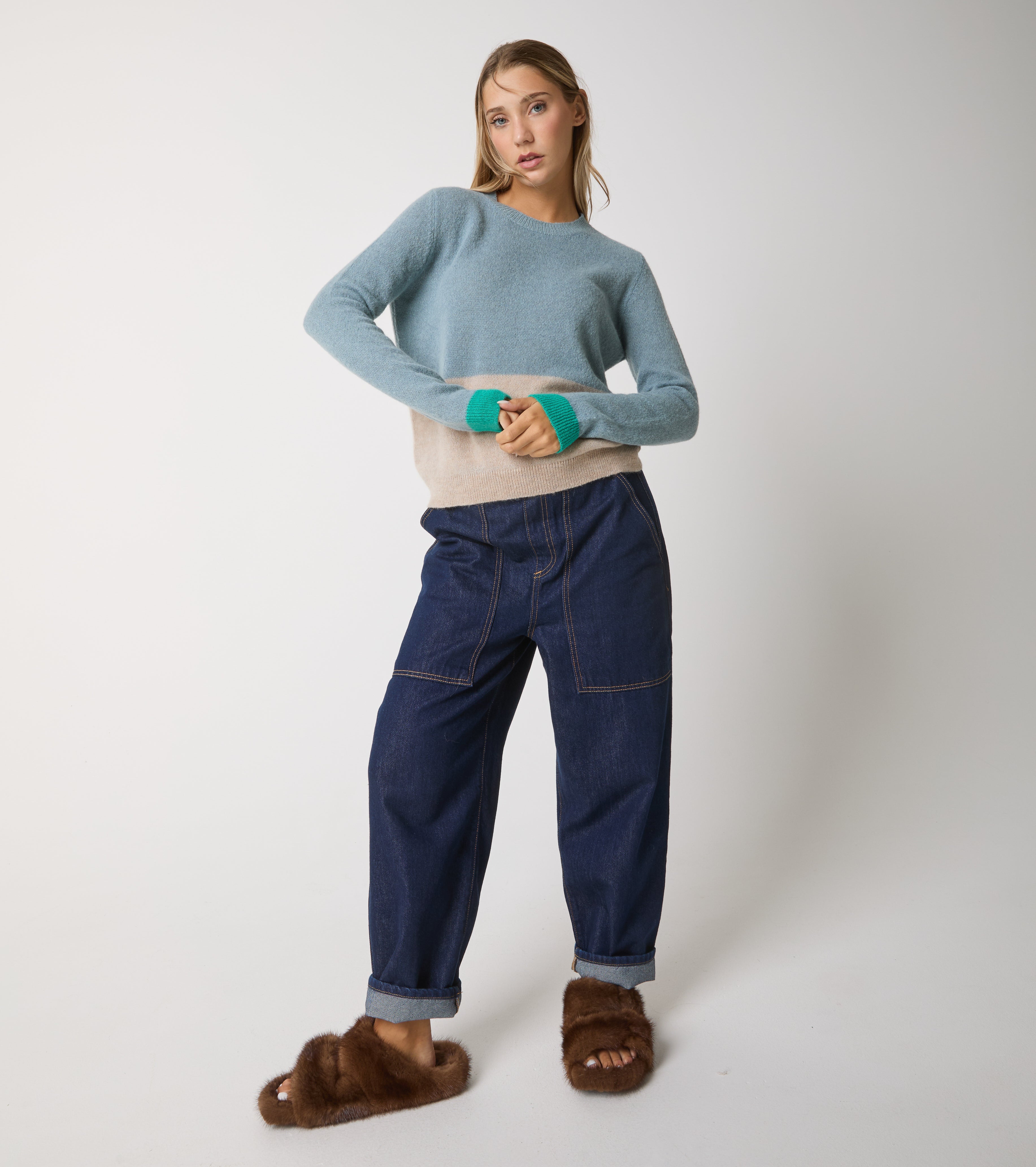 Maglia girocollo in alpaca e lana color block