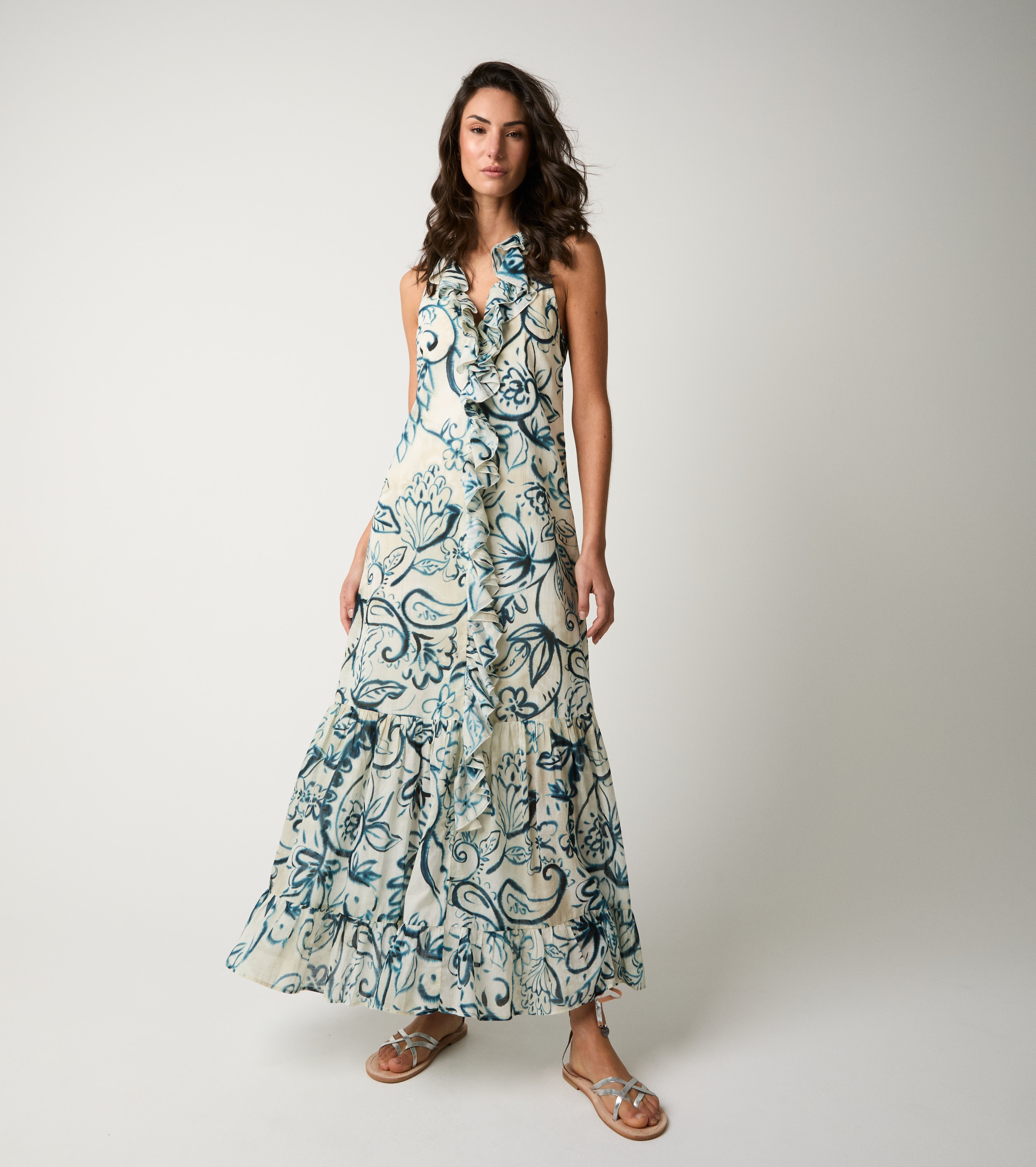 Abito floreale con rouches fiore