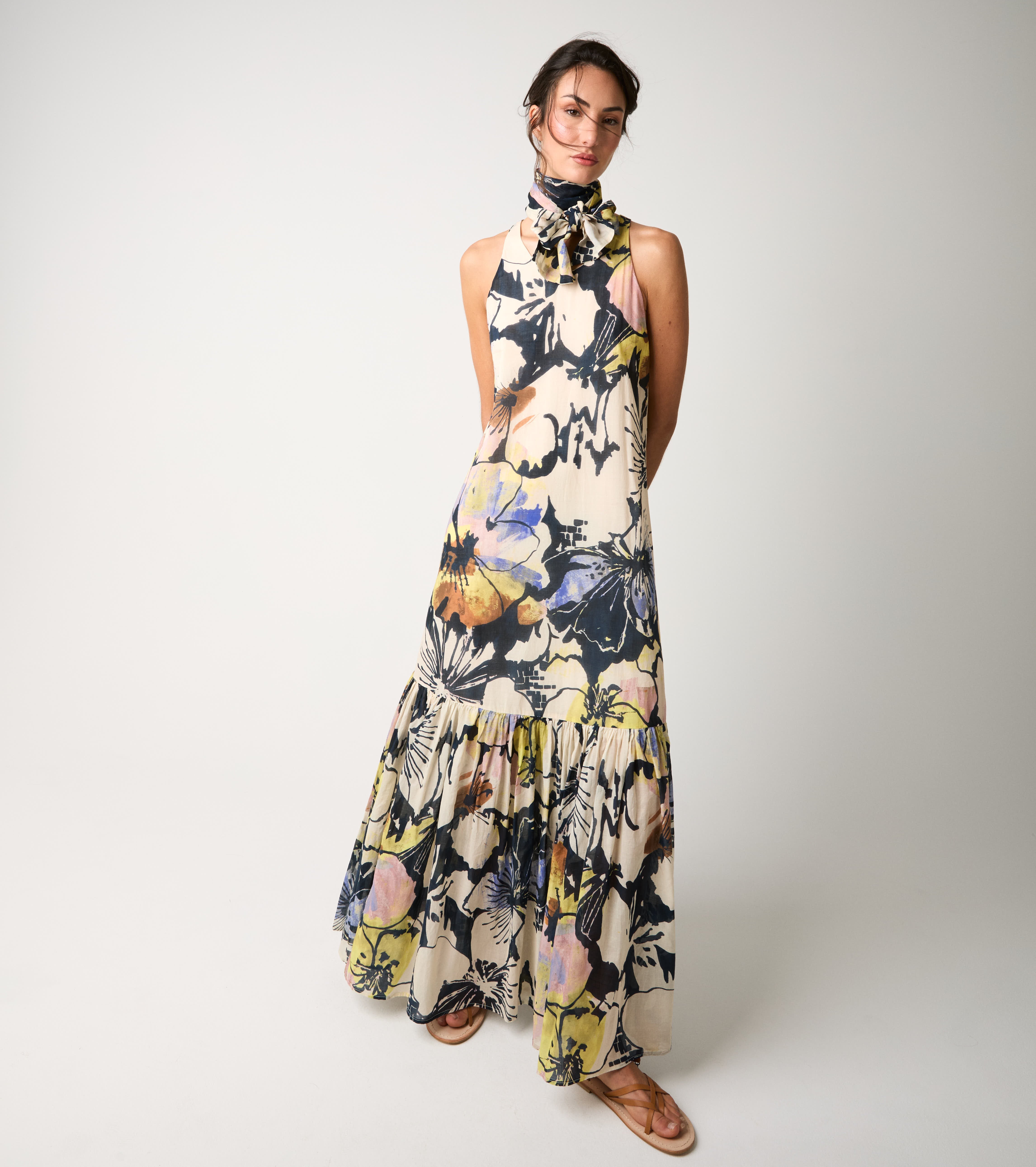 Abito in cotone stampato con foulard fiore