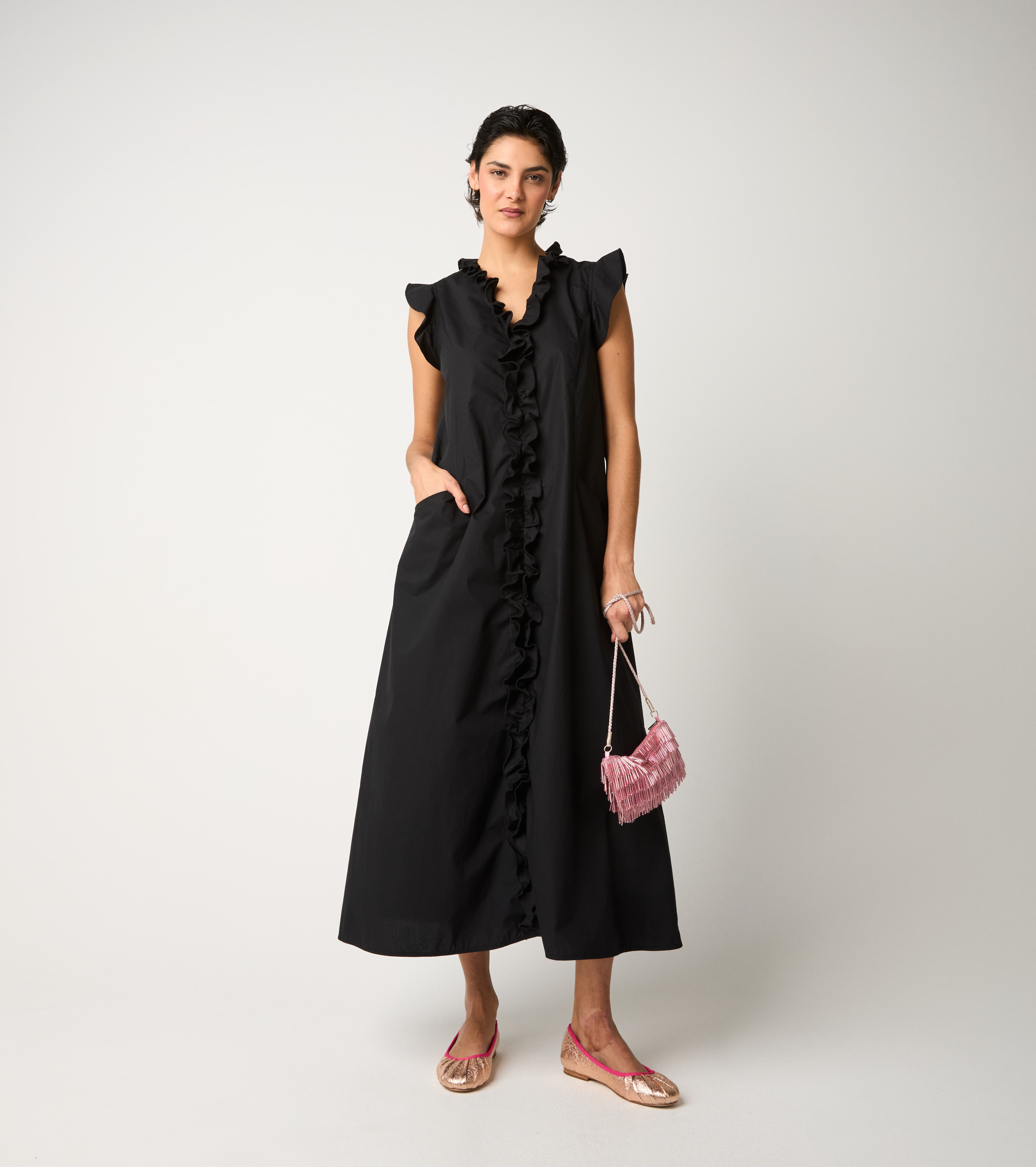 Abito in popeline con rouches nero