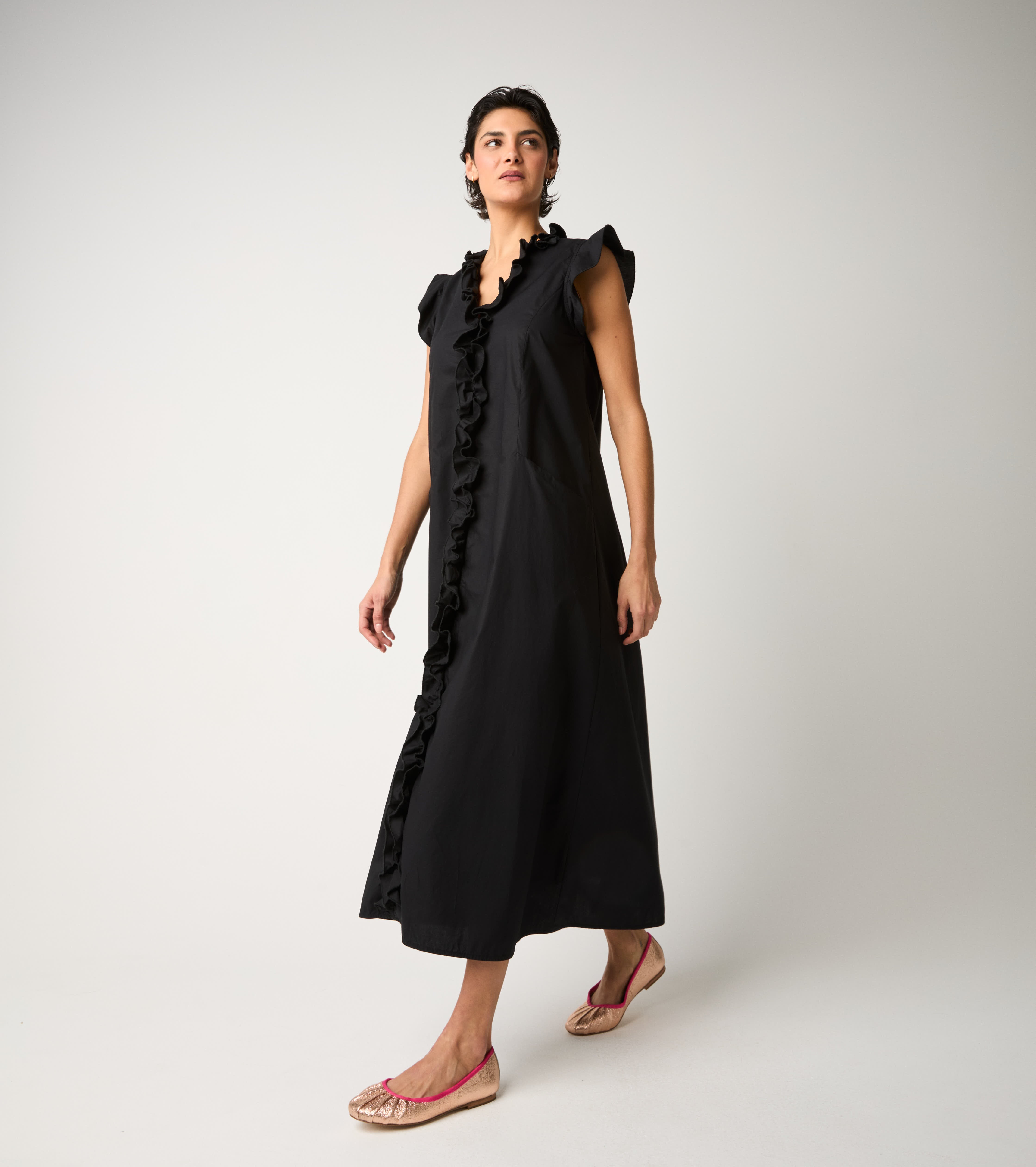 Abito in popeline con rouches nero