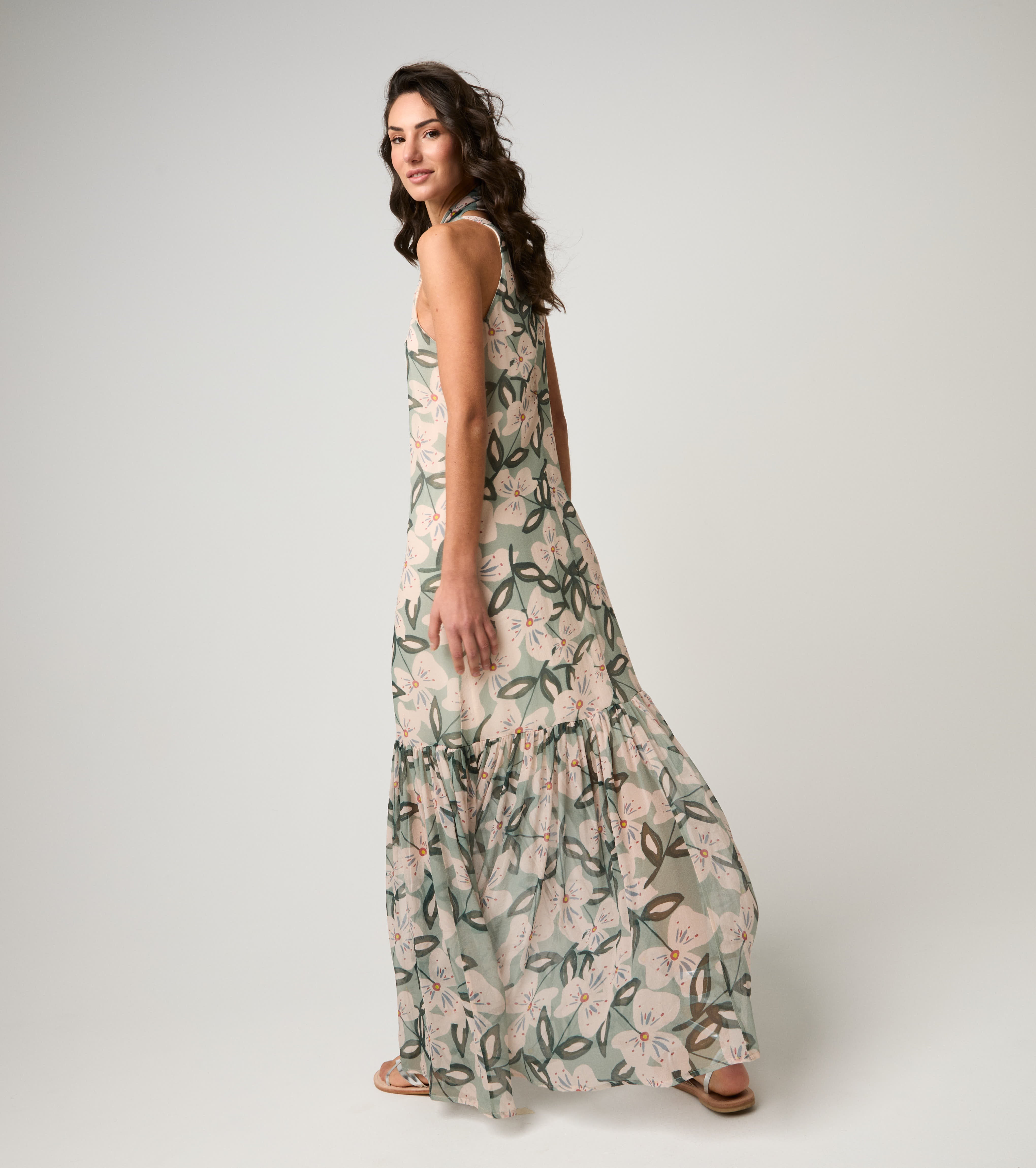 Abito lungo in seta floreale salvia