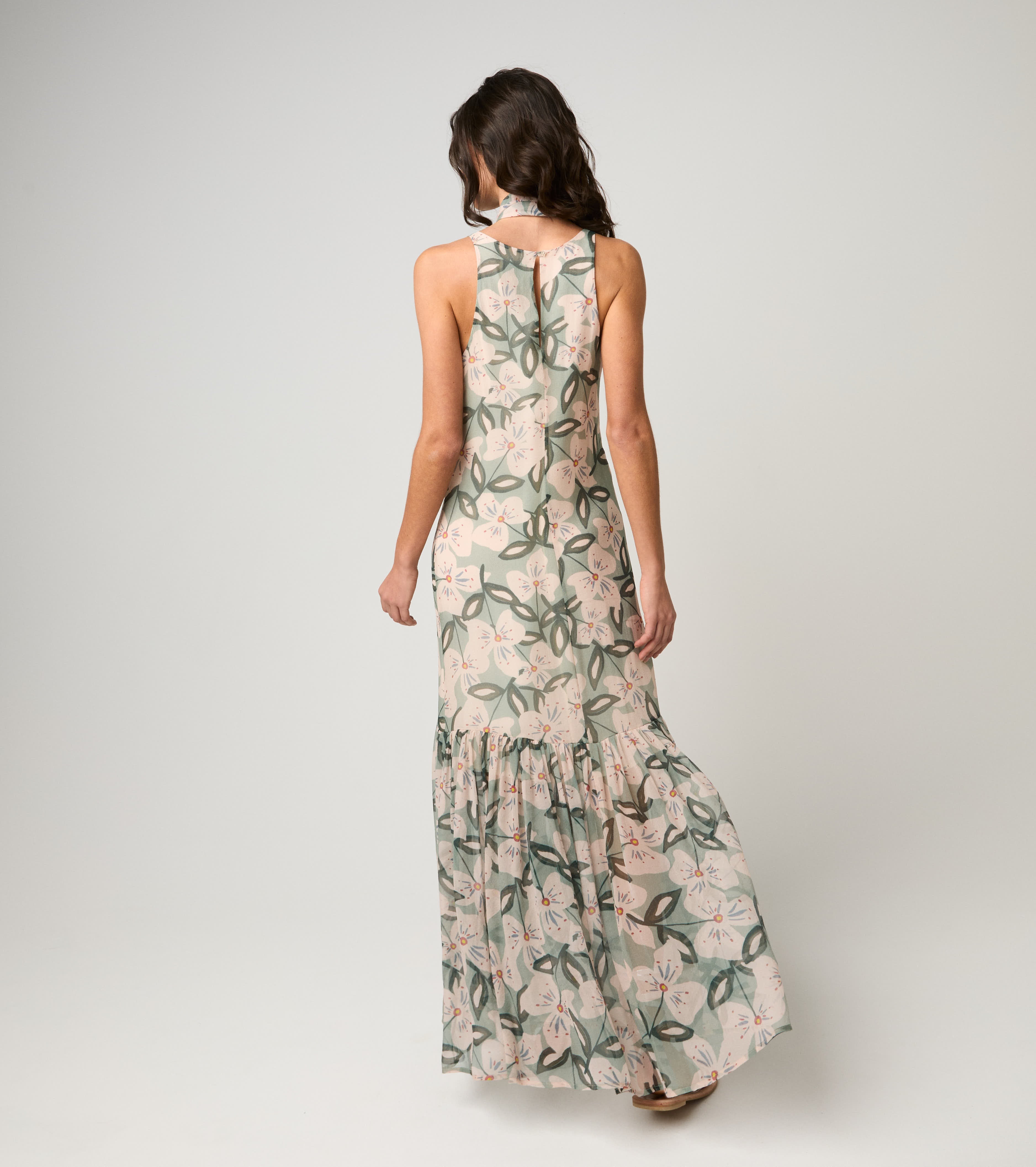 Abito lungo in seta floreale salvia