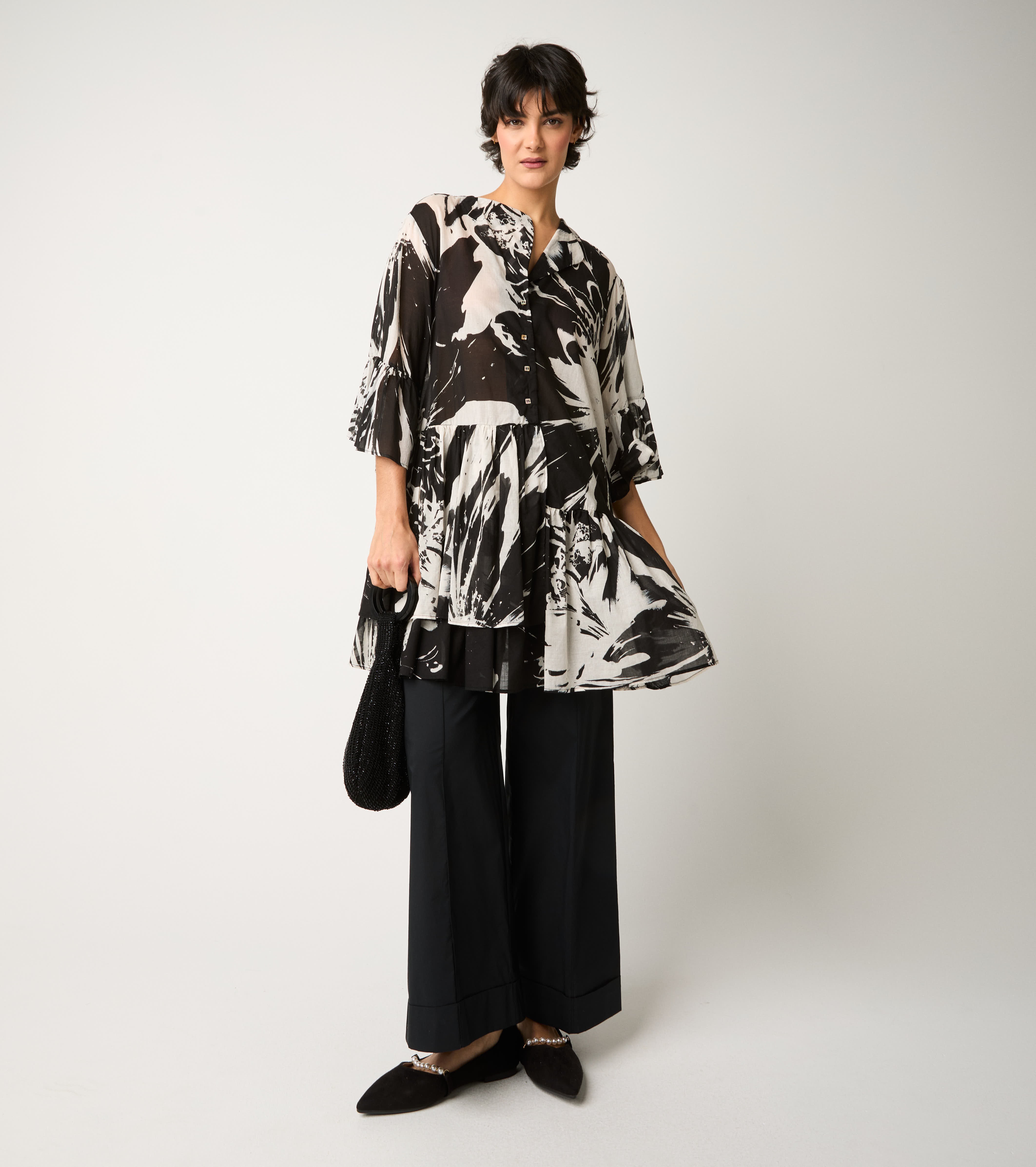 Abito corto in cotone stampato fiore