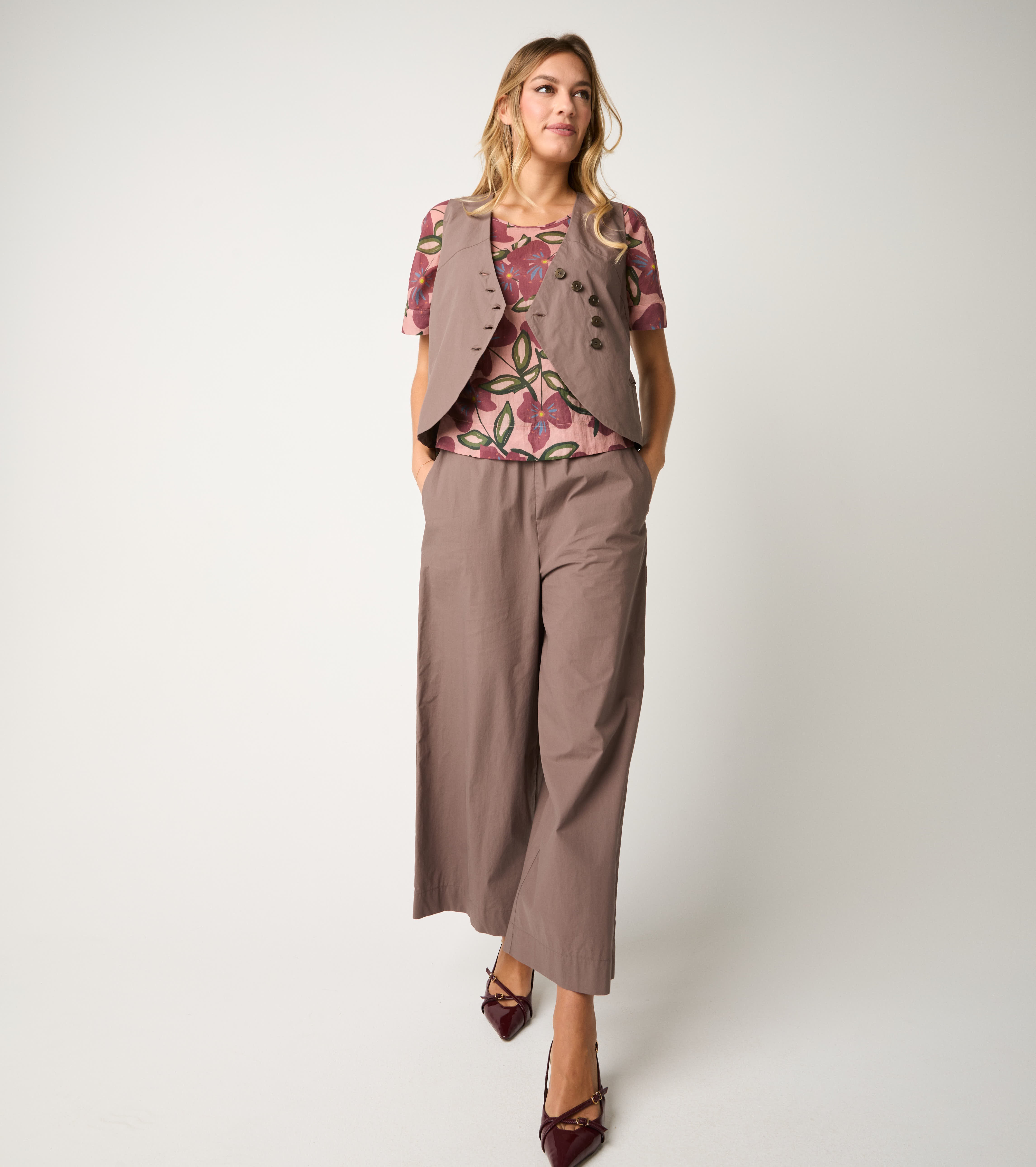 Pantaloni cropped in cotone cacao