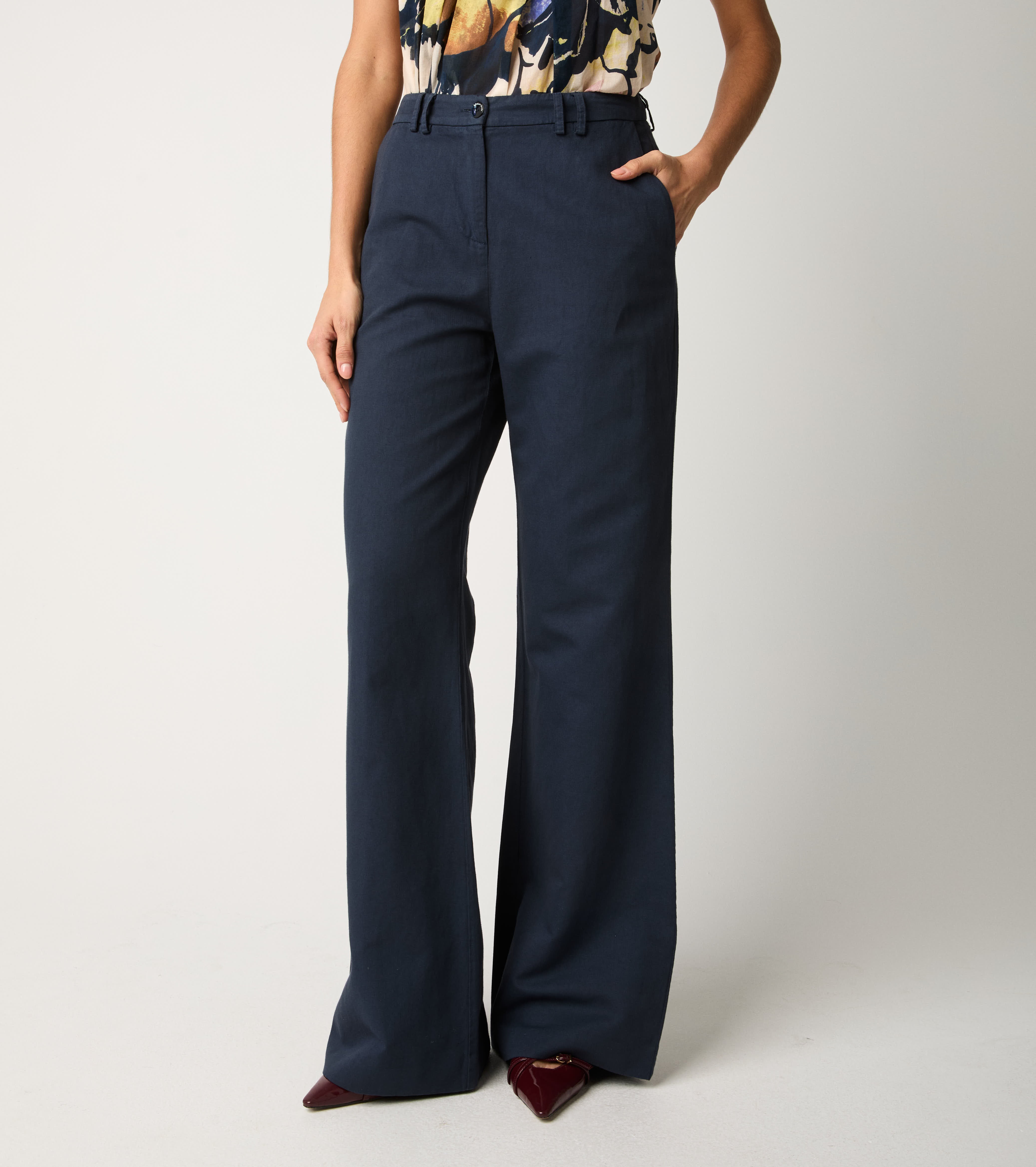 Blue cotton and linen flare trousers
