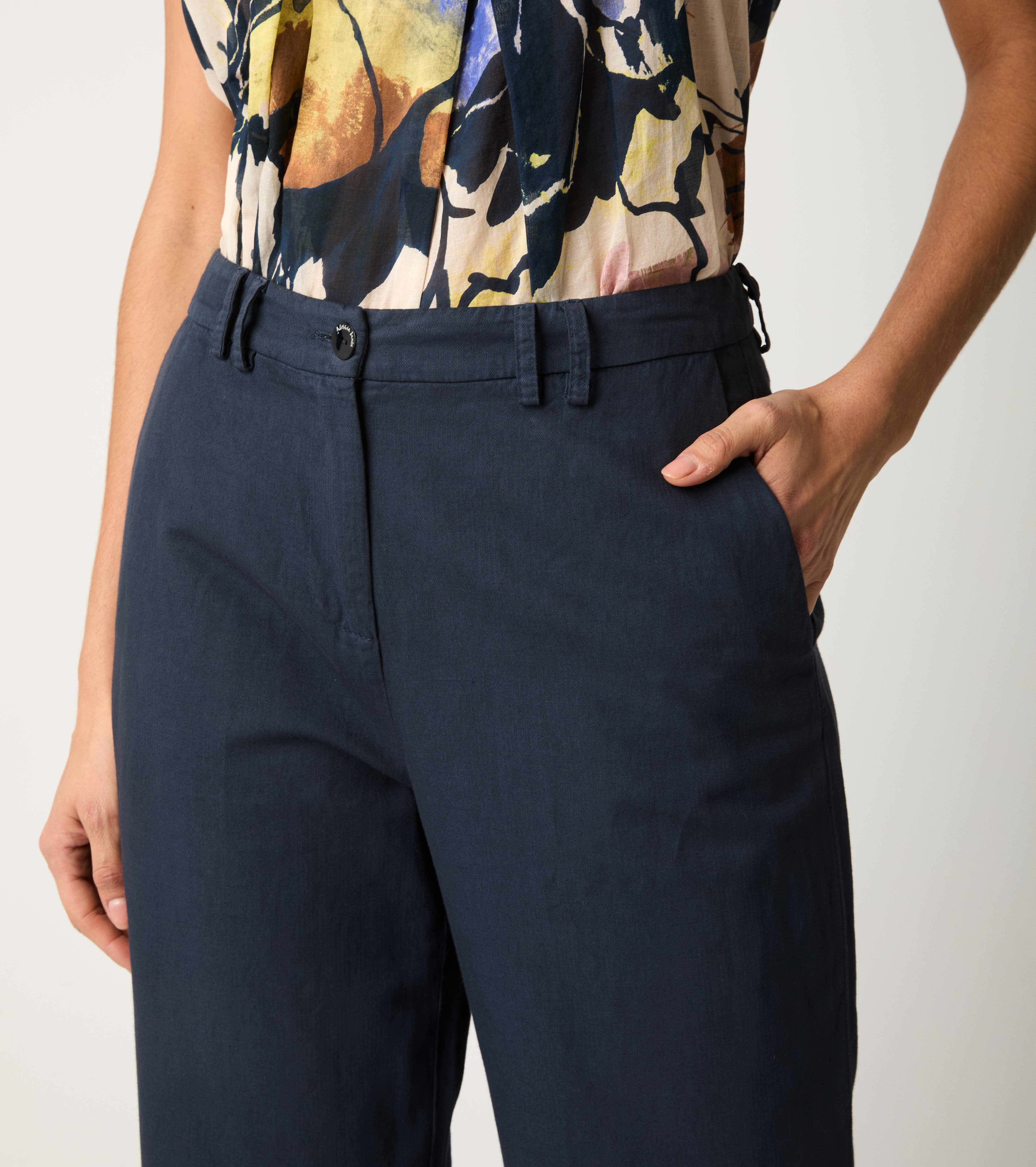 Blue cotton and linen flare trousers