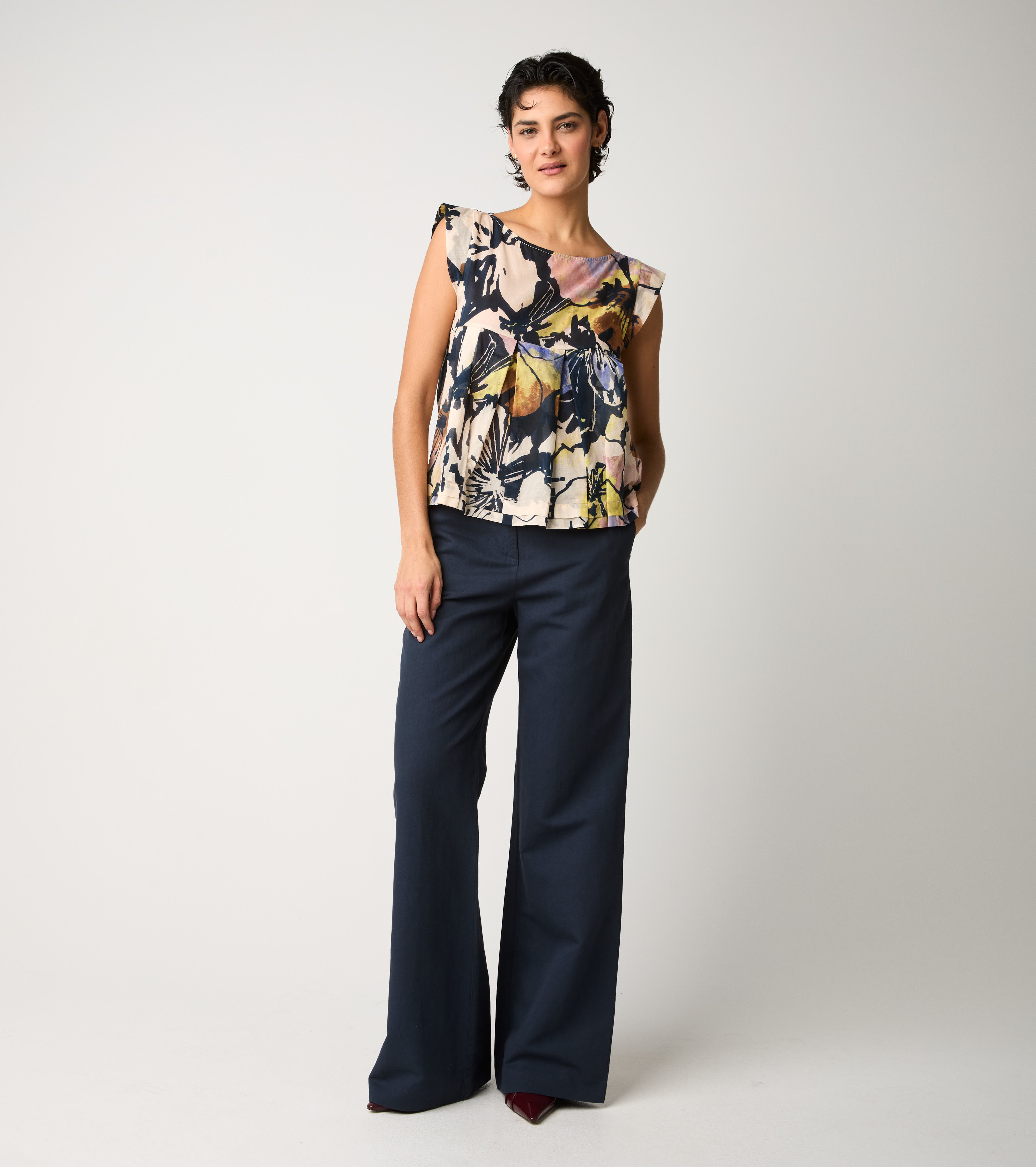 Blue cotton and linen flare trousers