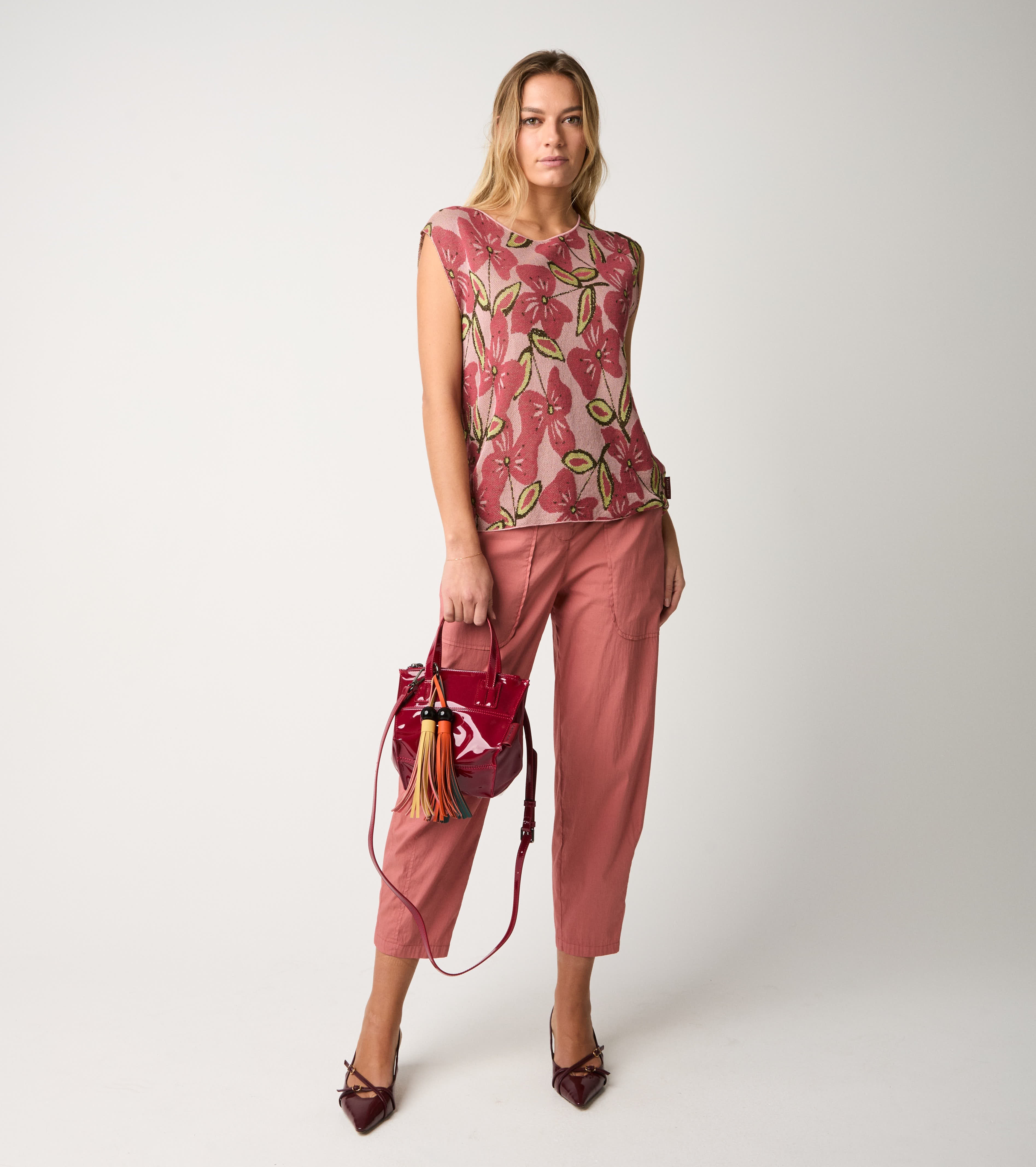 Pantaloni cropped in cotone stretch ombretto