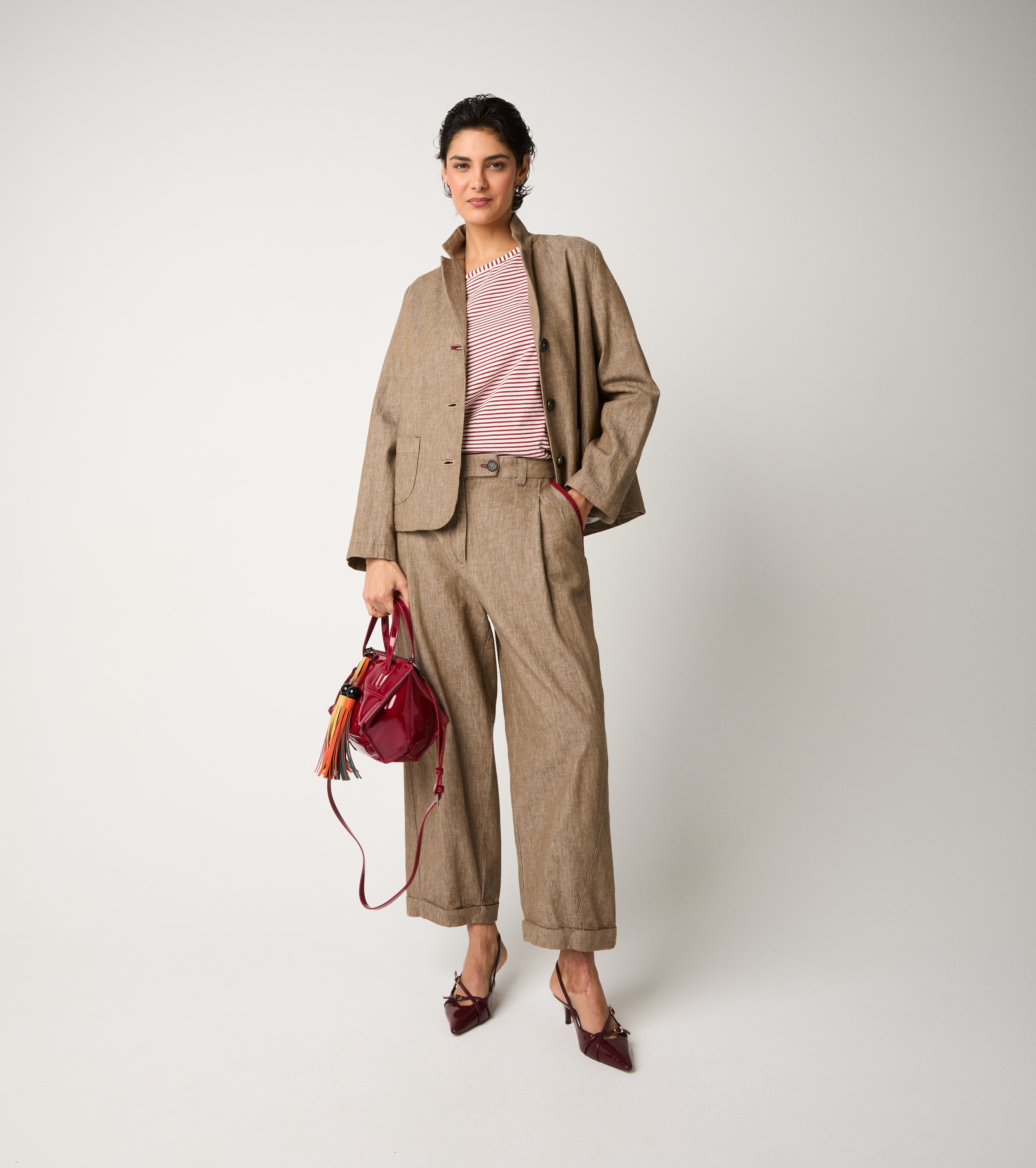 Blazer monopetto in misto lino castoro