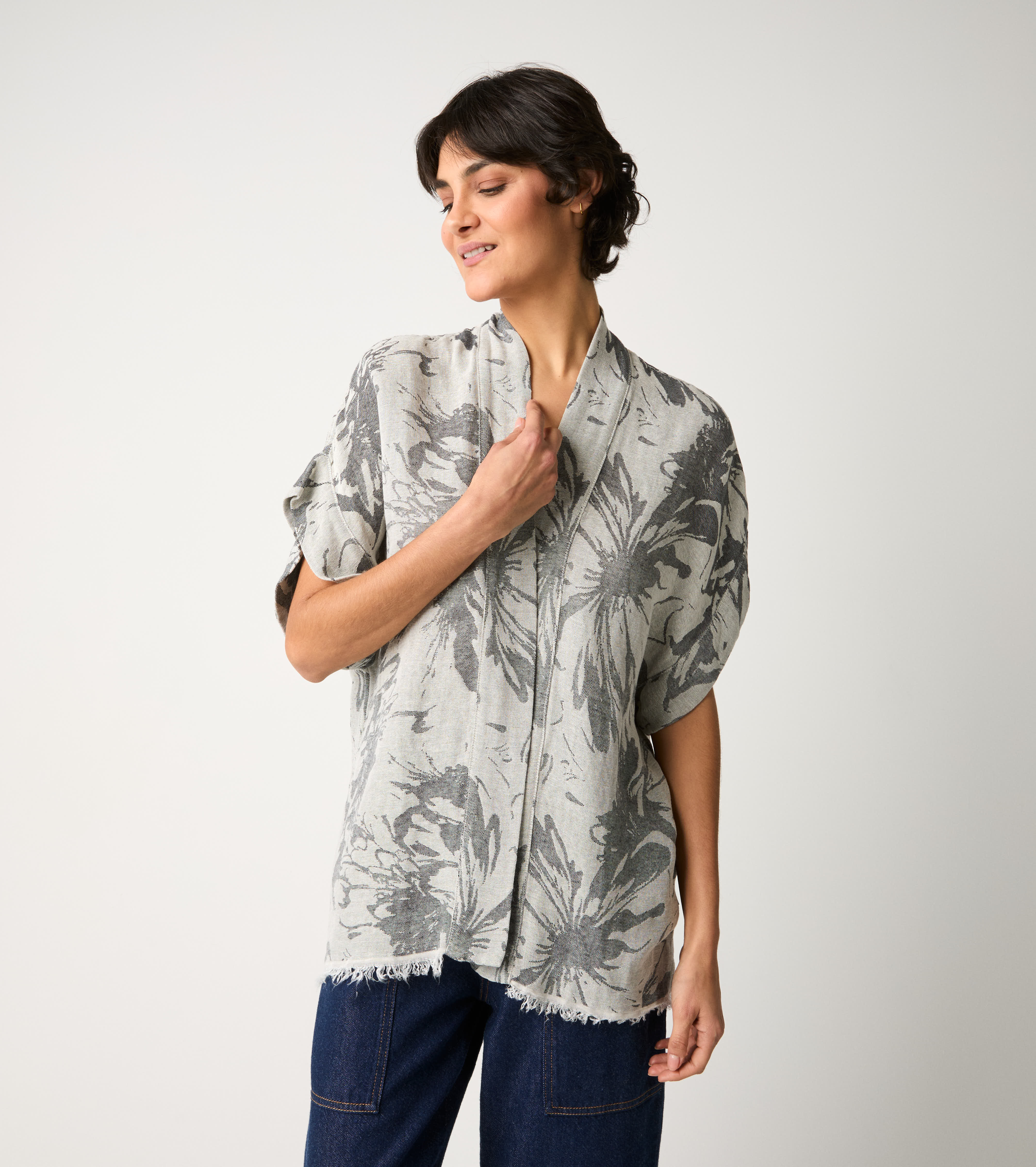 Giacca kimono in cotone floreale sabbia