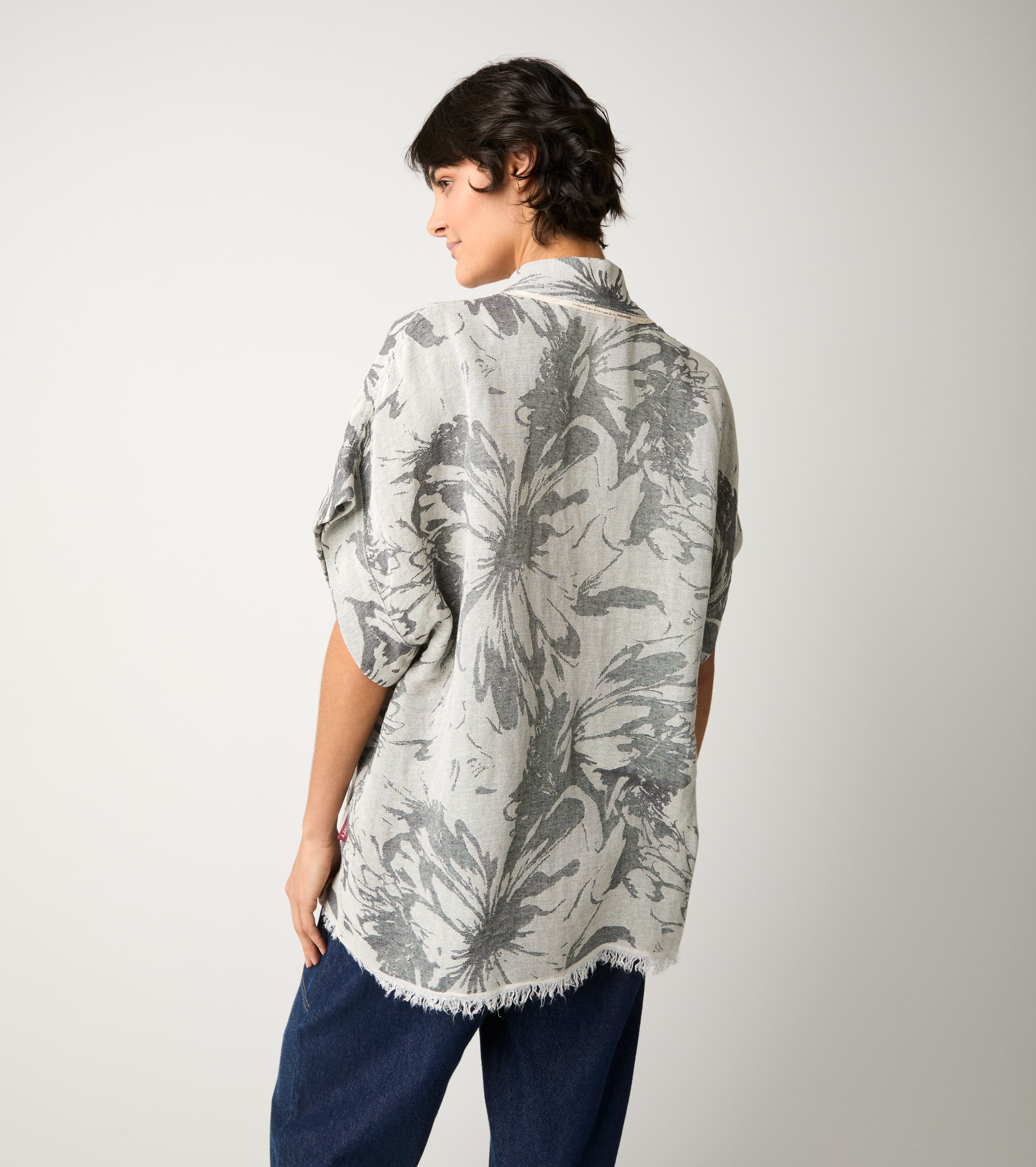 Giacca kimono in cotone floreale sabbia