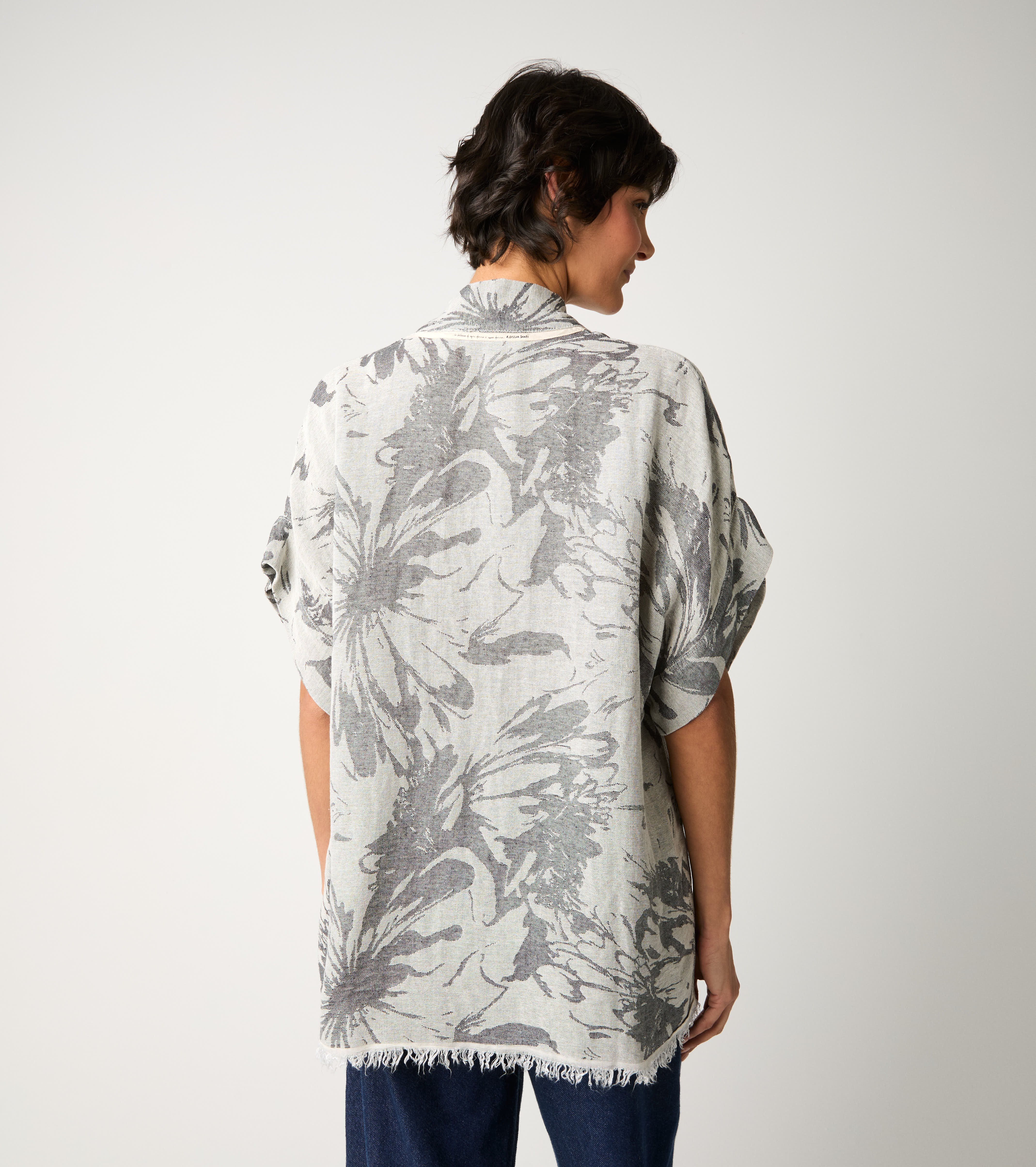 Giacca kimono in cotone floreale sabbia