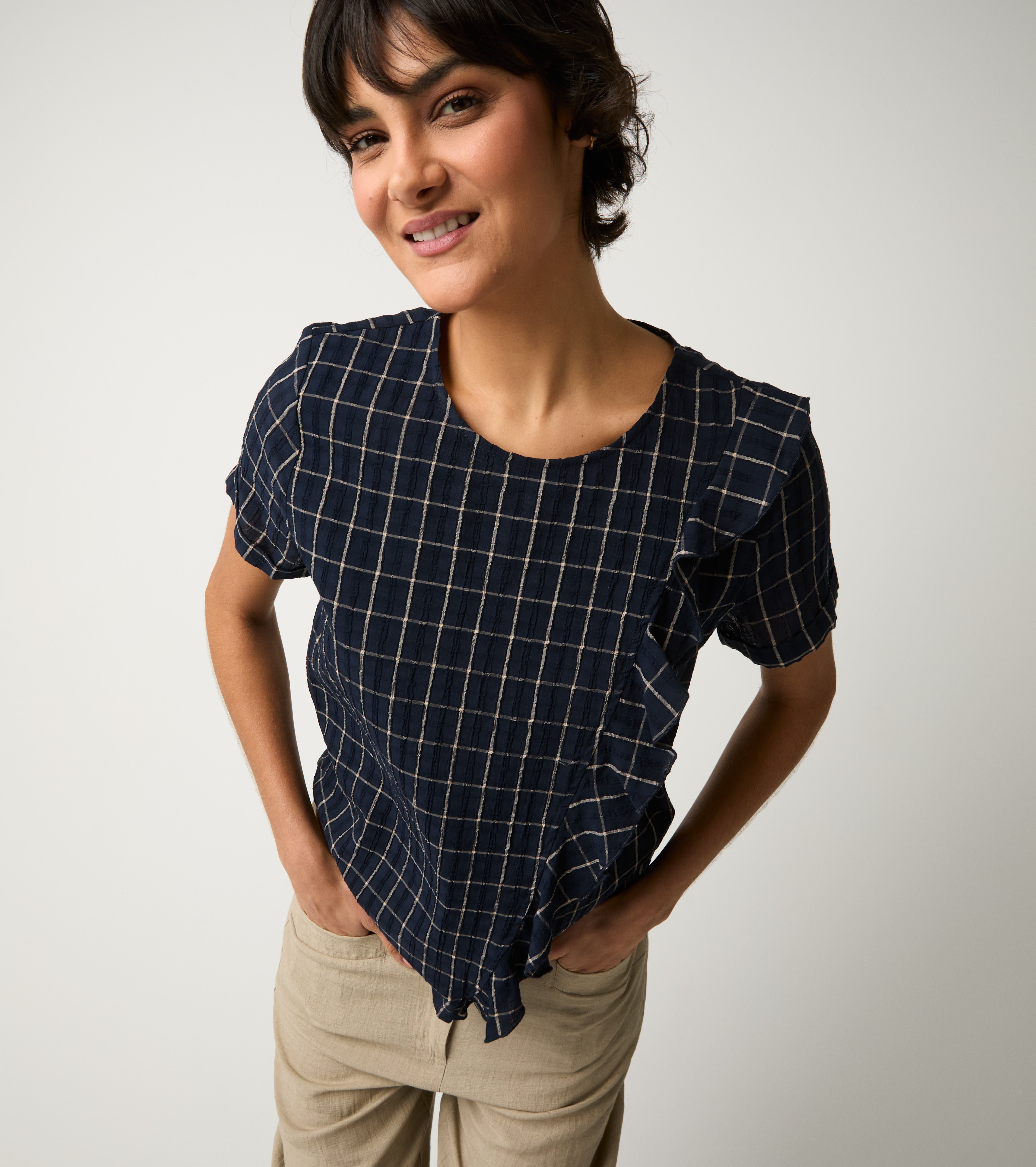 Blusa girocollo con rouches blu
