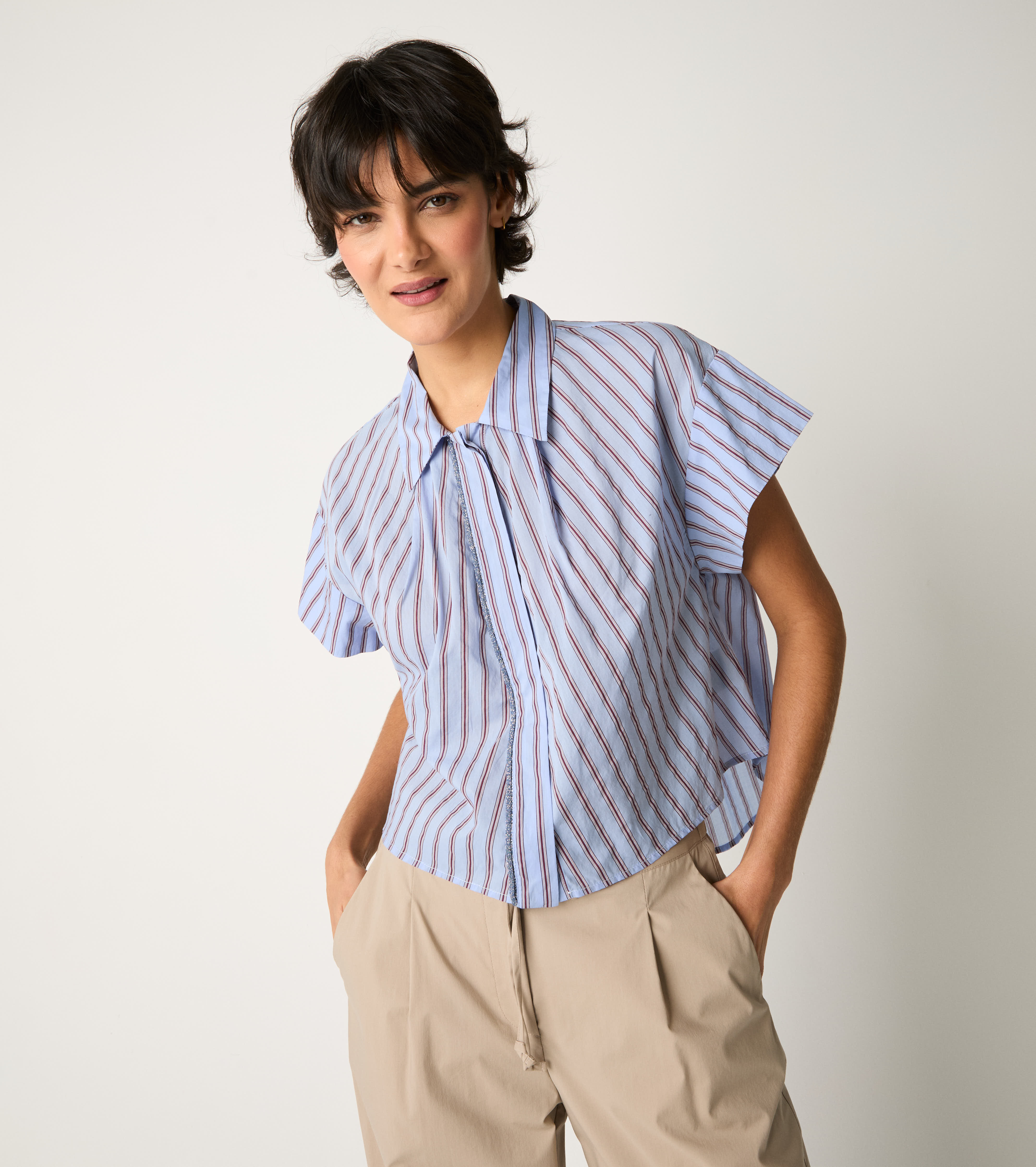 Striped shirt with short sky-blue sleeves