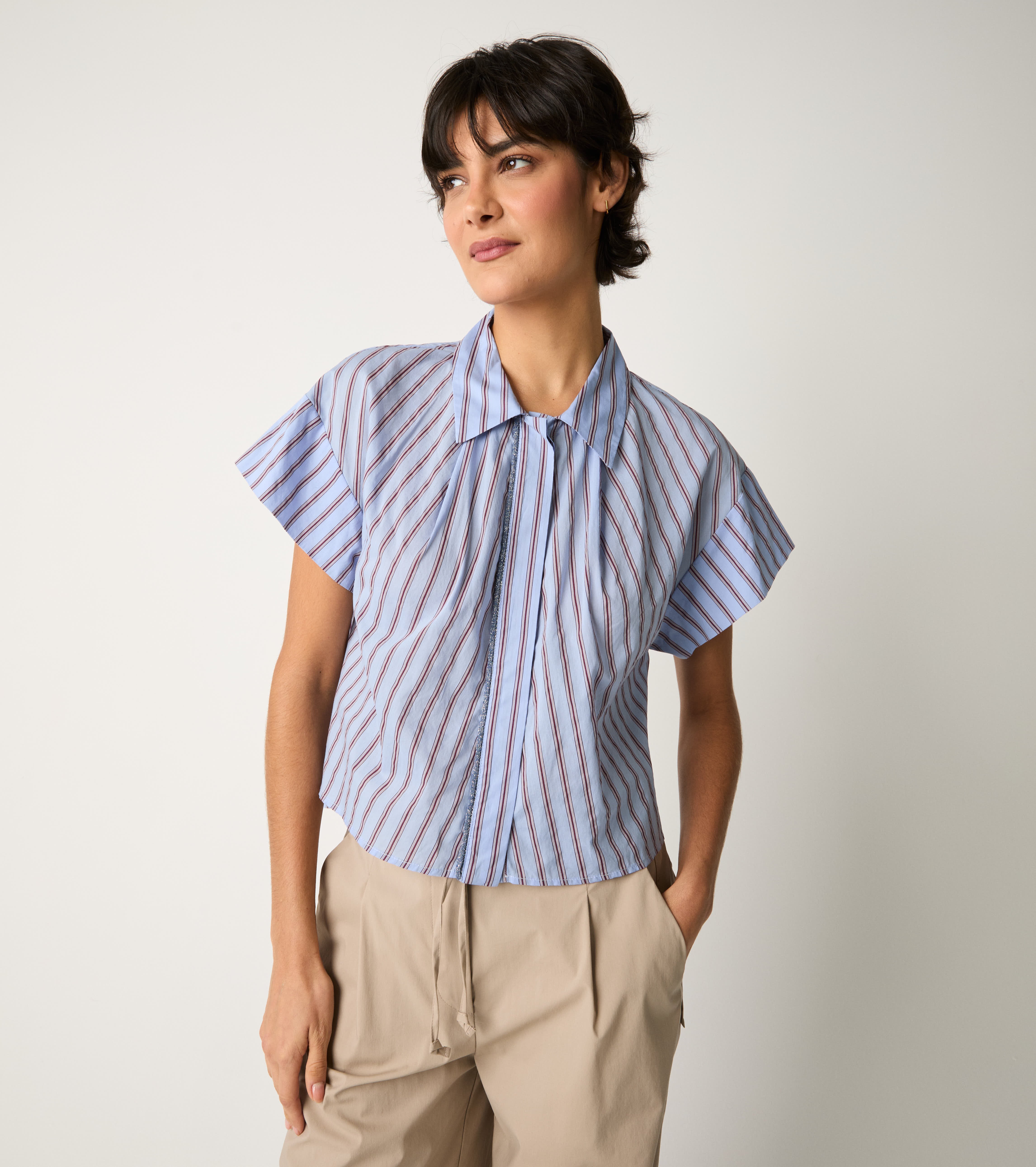 Striped shirt with short sky-blue sleeves