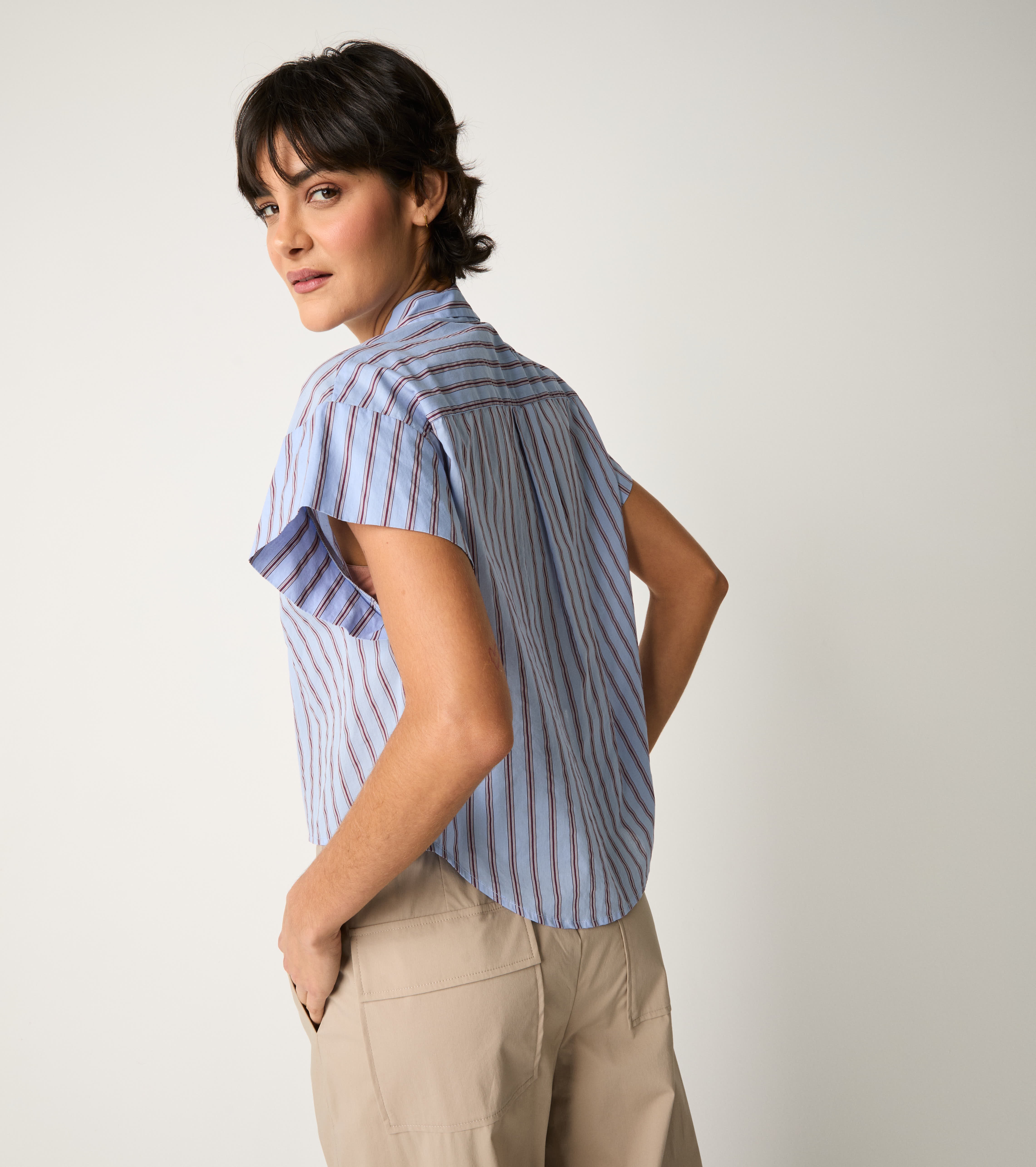 Striped shirt with short sky-blue sleeves