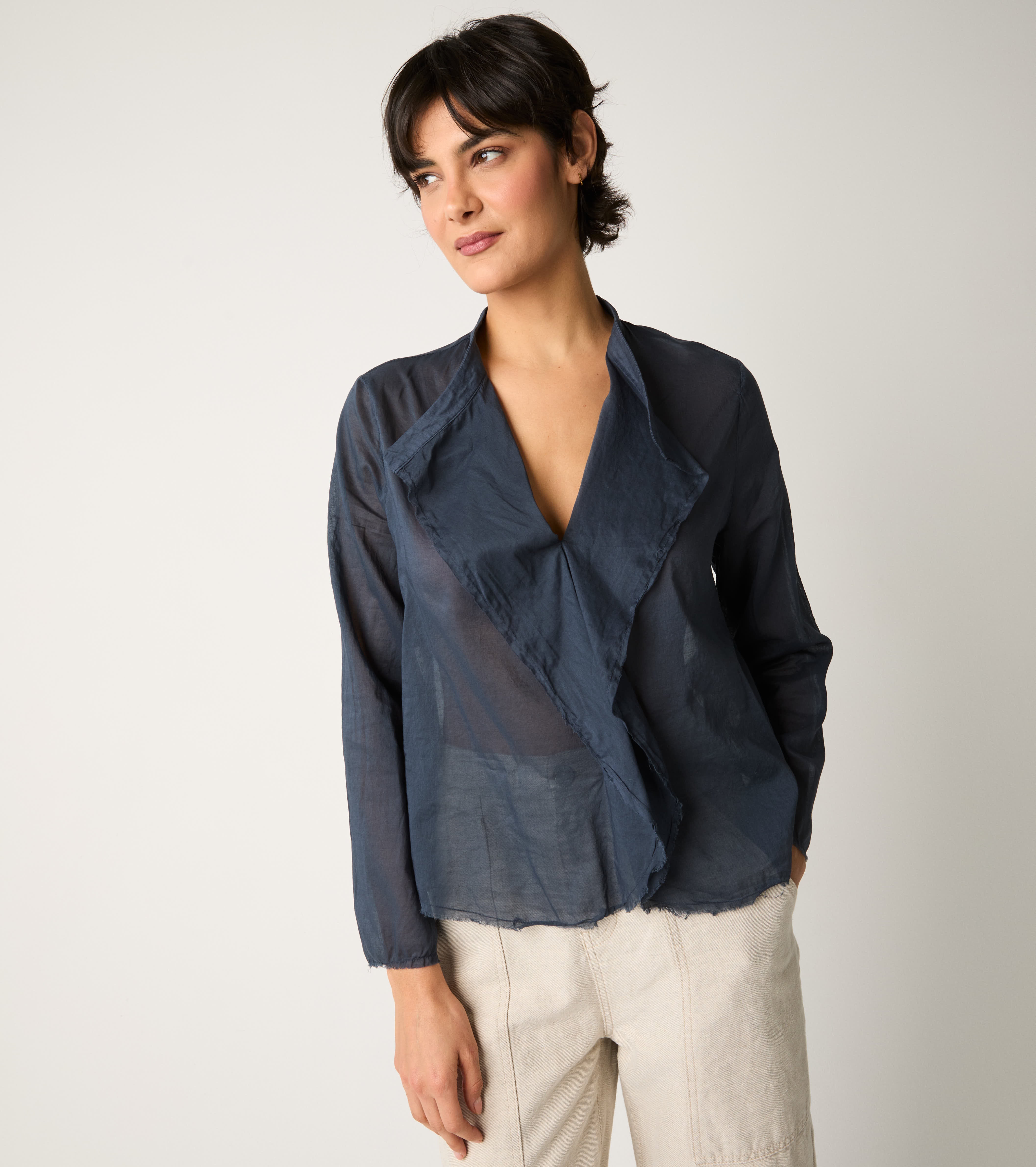 Blusa con scollo a V e maniche lunghe blu