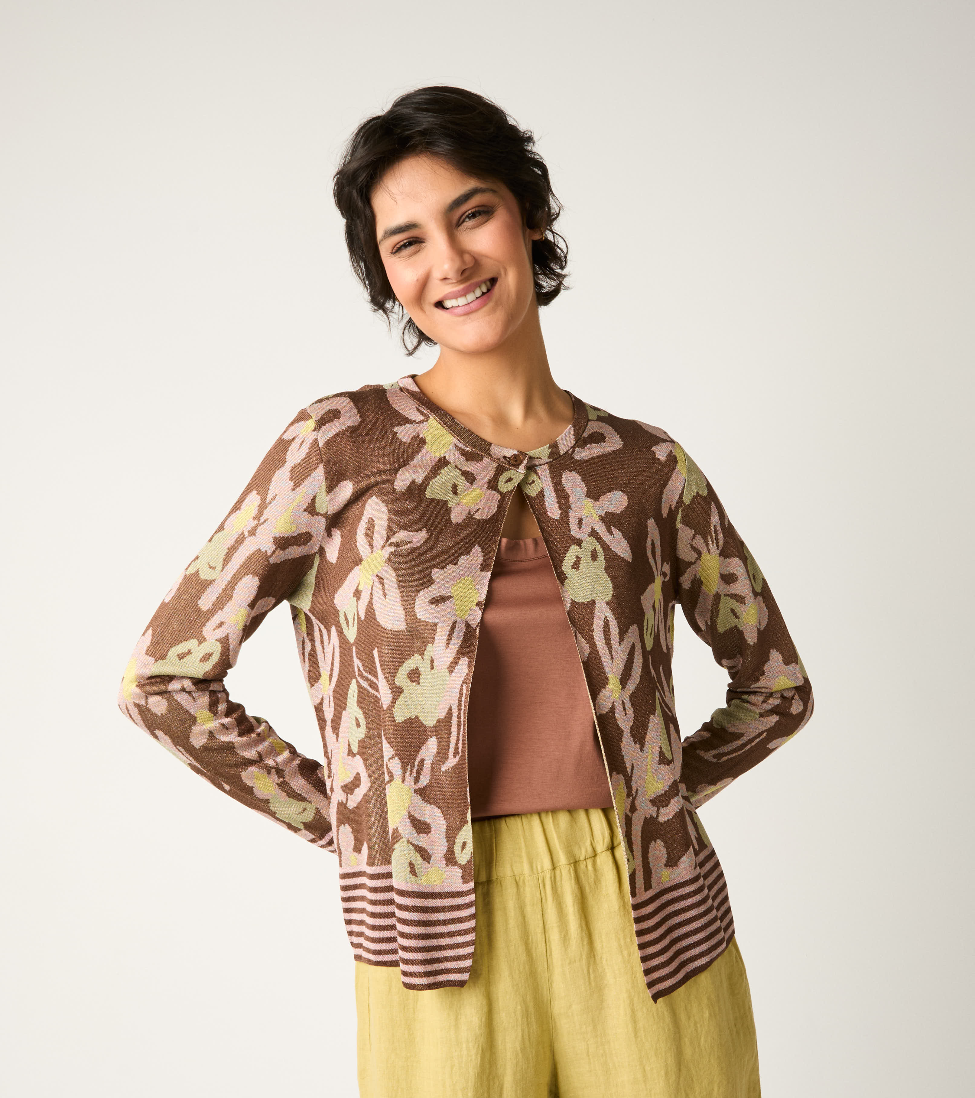 Cardigan jacquard con collo a giro rame