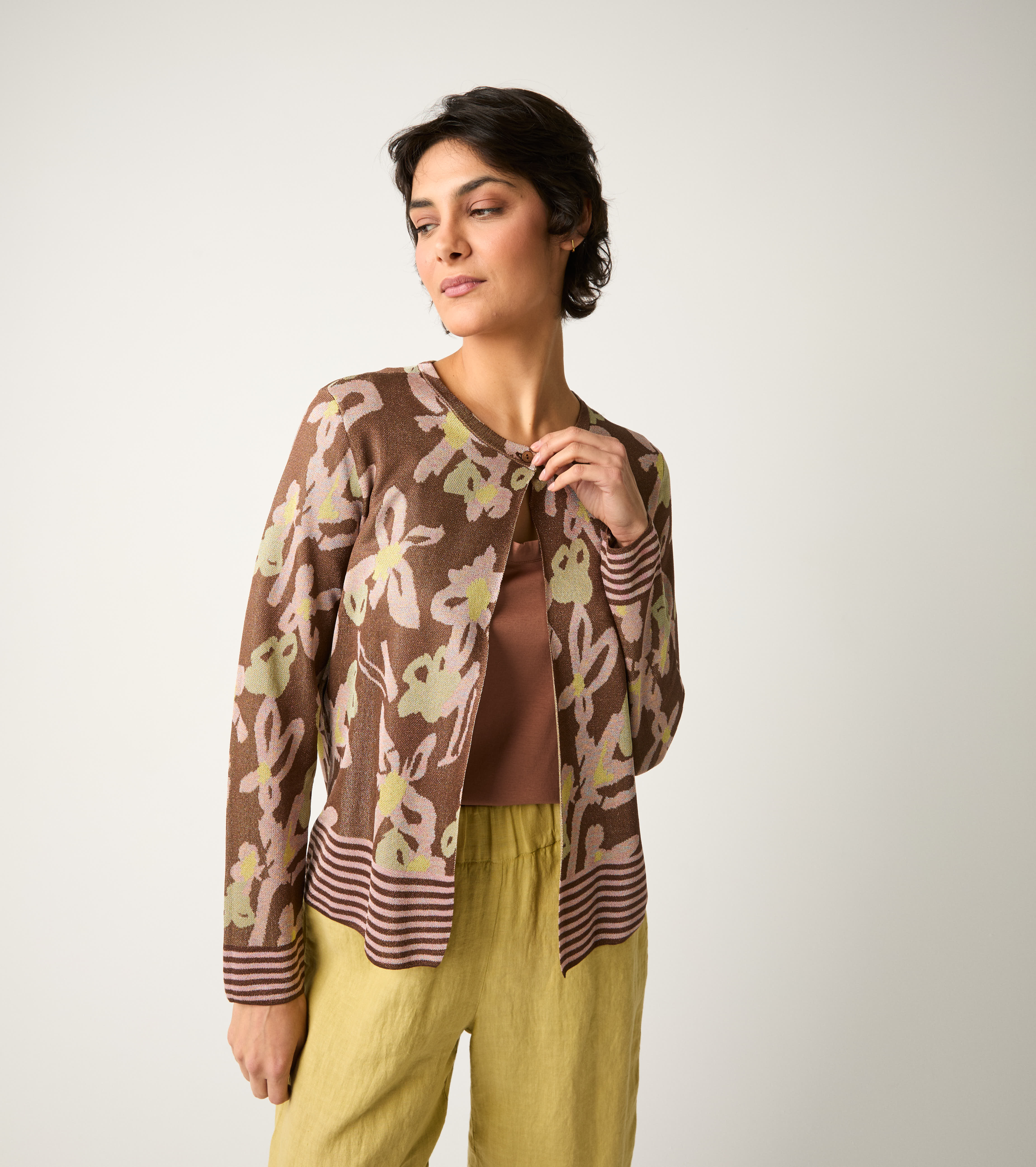 Cardigan jacquard con collo a giro rame