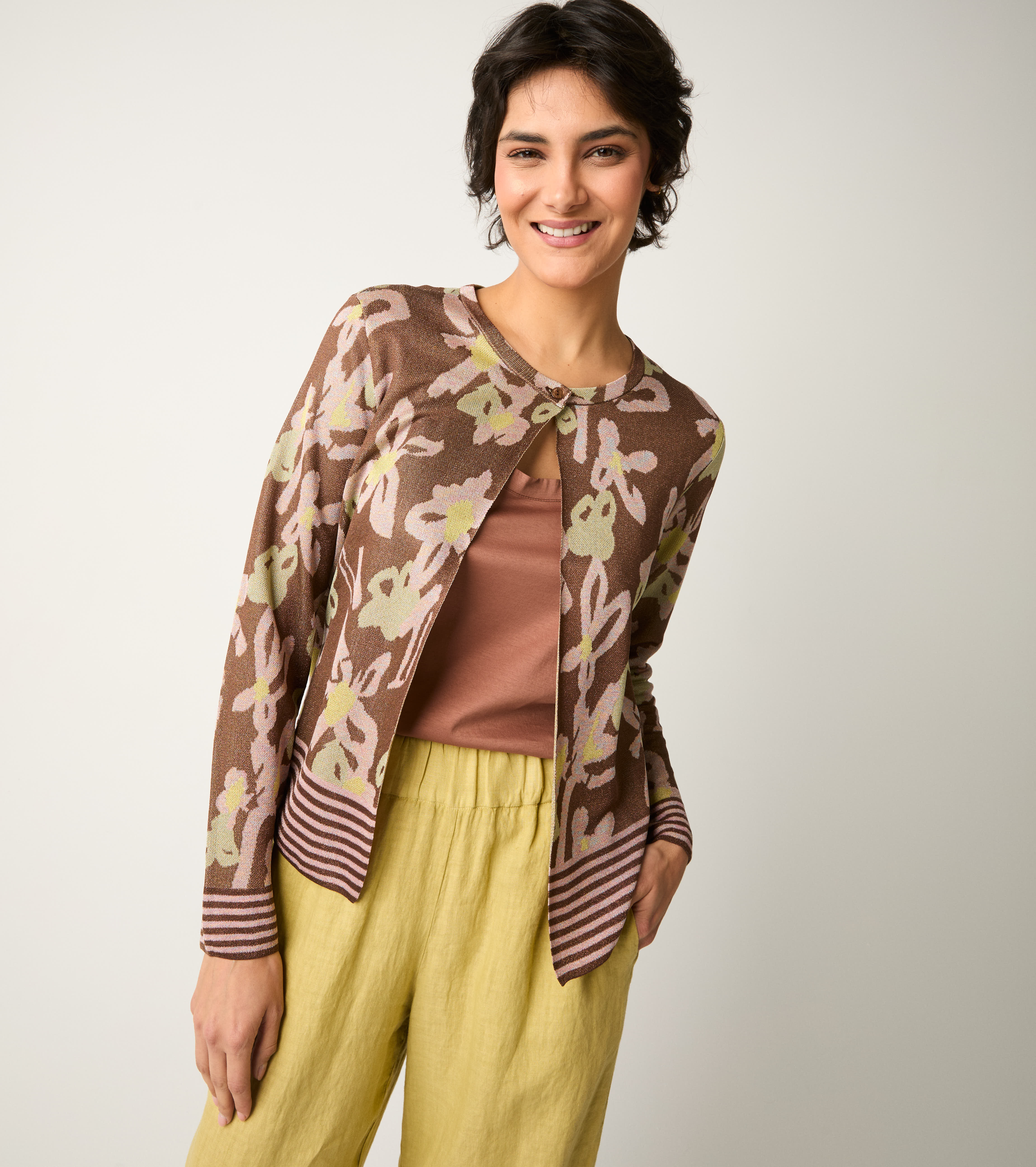 Cardigan jacquard con collo a giro rame