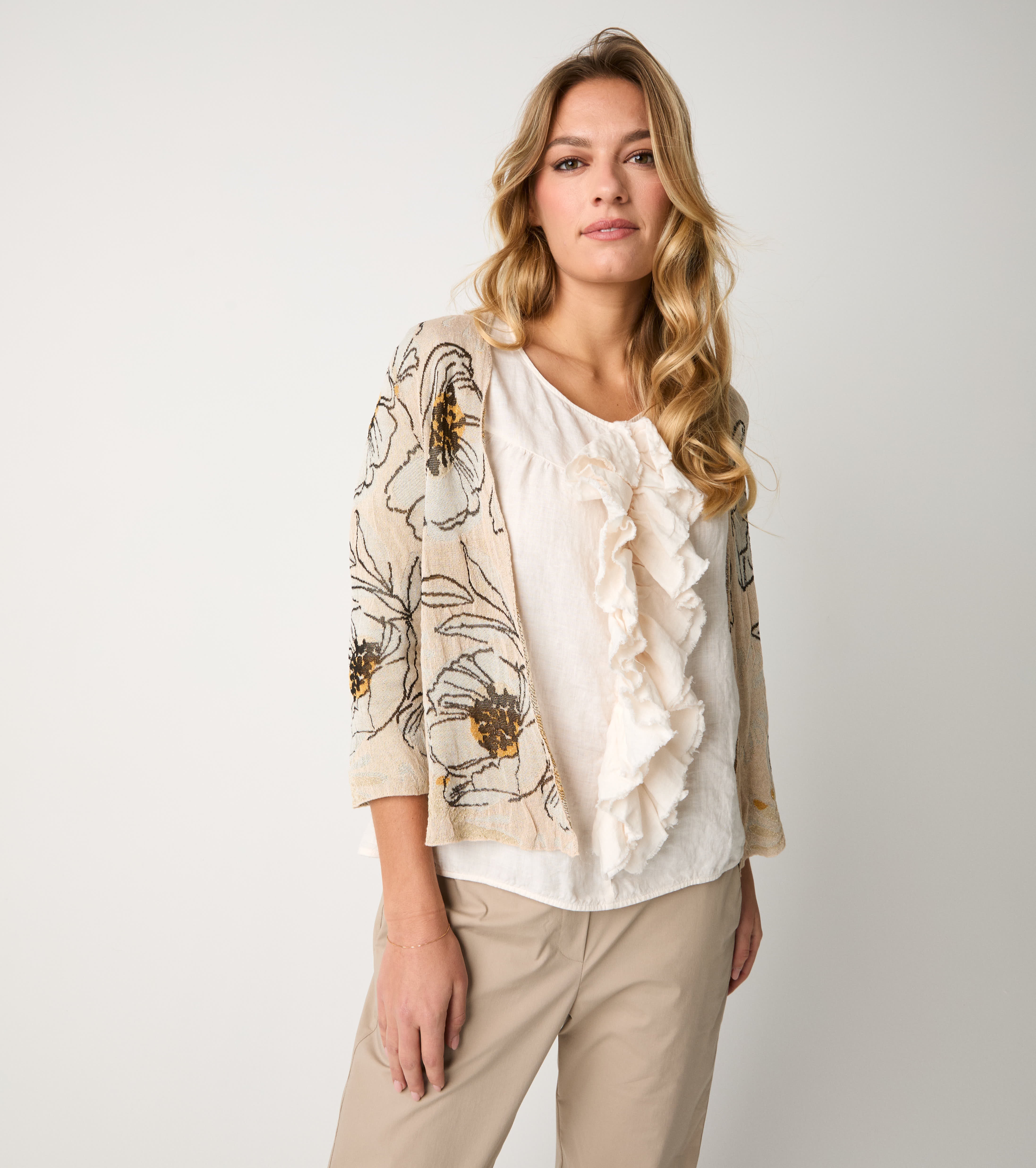 Cardigan floreale con scollo a V cipria