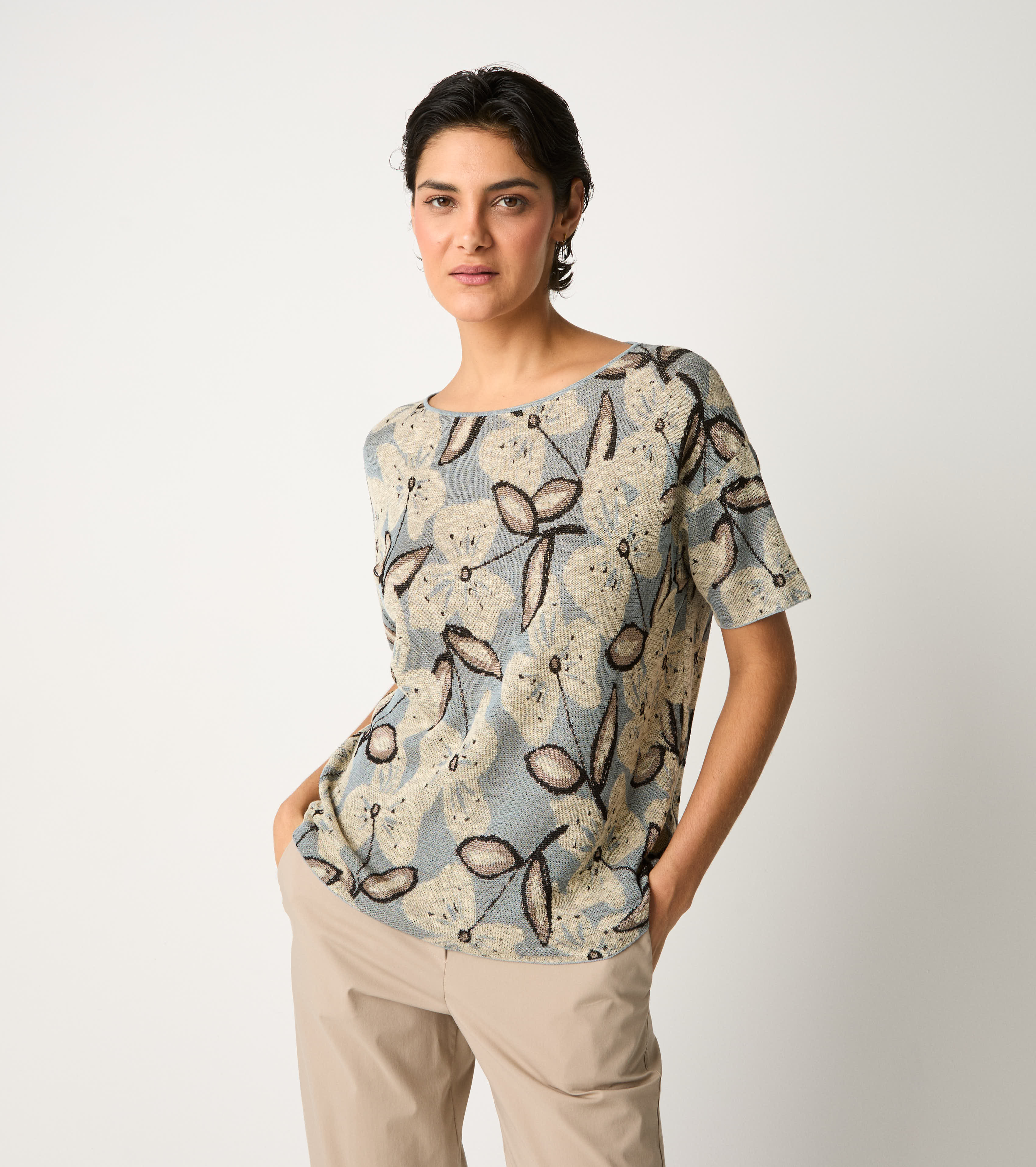 Jacquard T-shirt with flint boat neckline