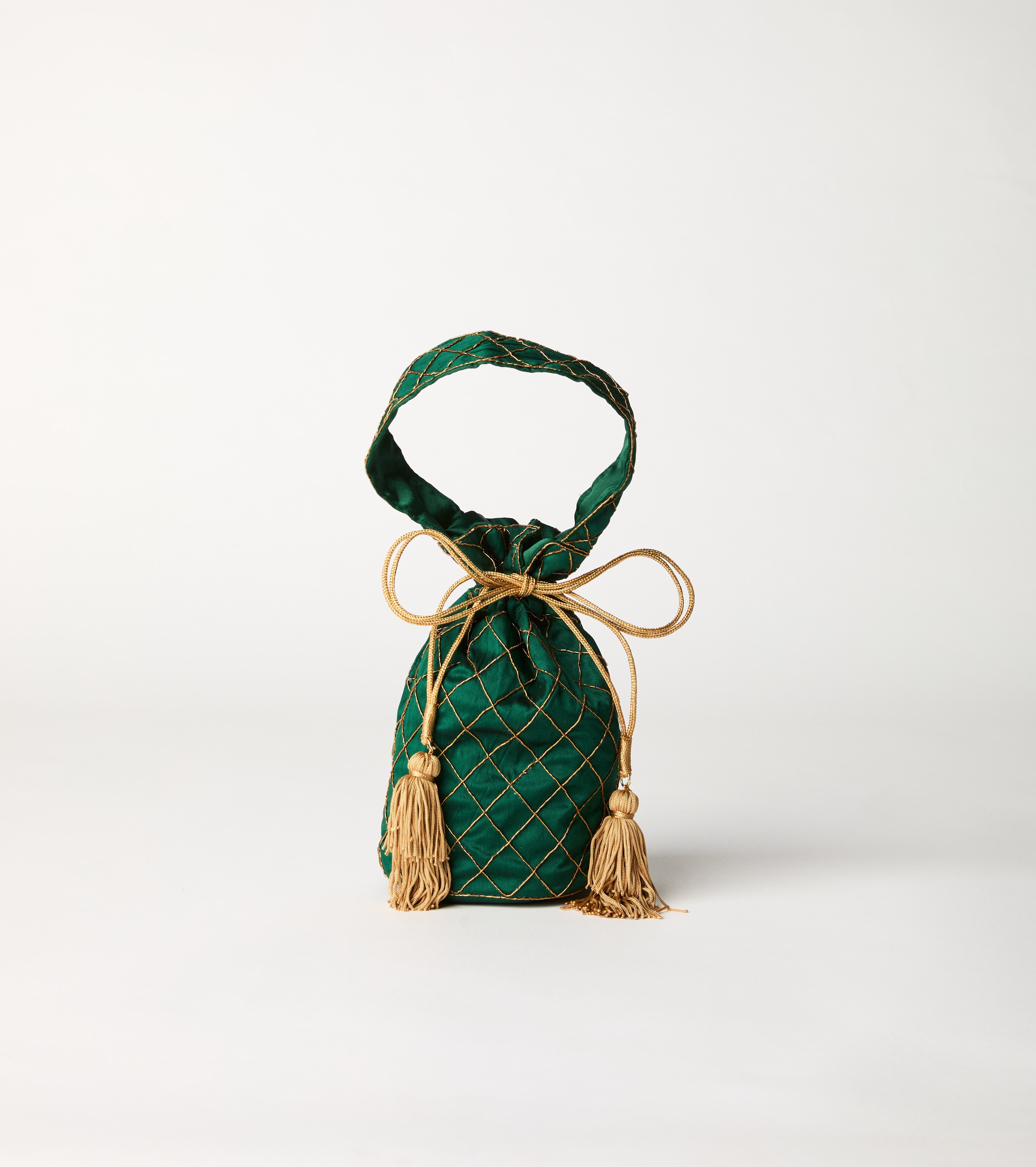 Borsa a secchiello lurex con nappine salvia