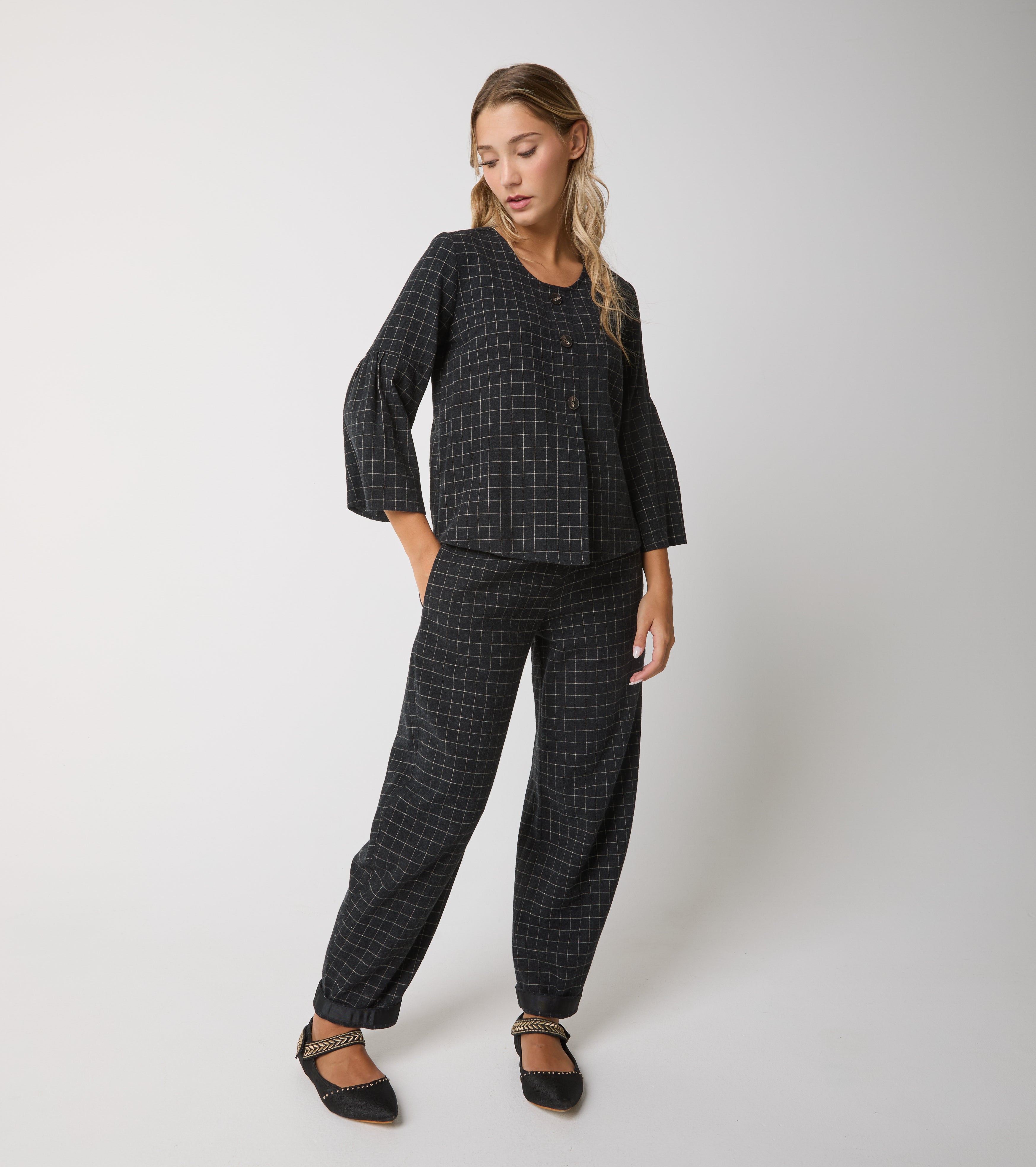 Jacquardbluse i bomuld med knapper