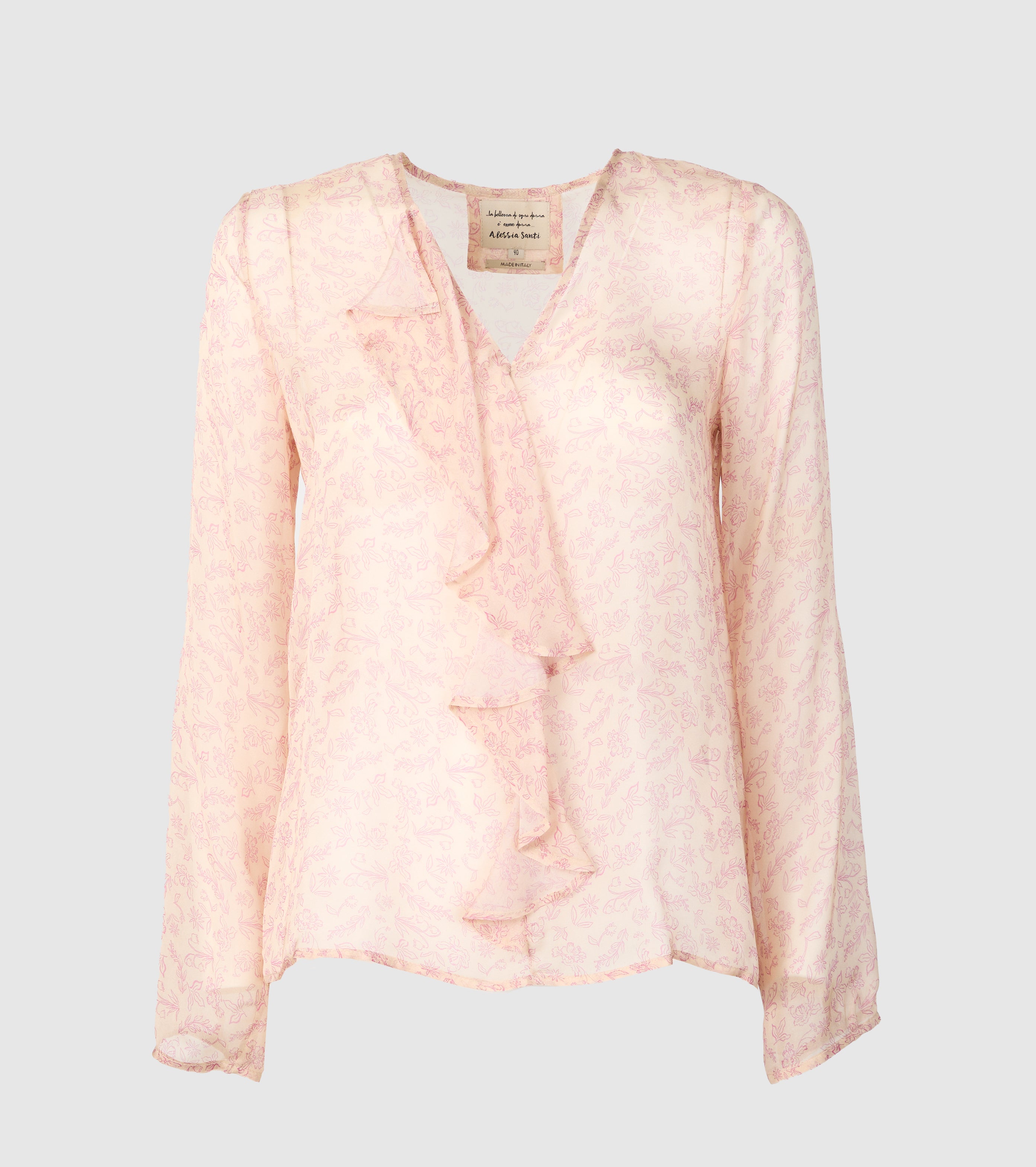 Blusa in seta stampata con rouches