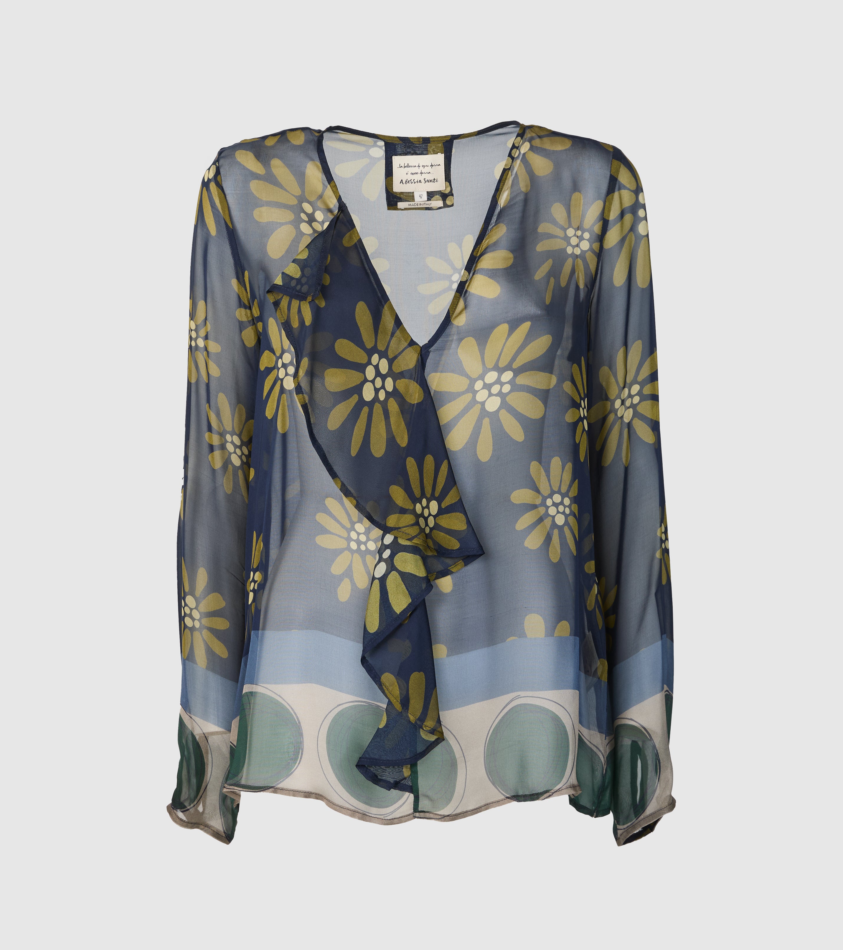 Blusa in seta stampata con rouches