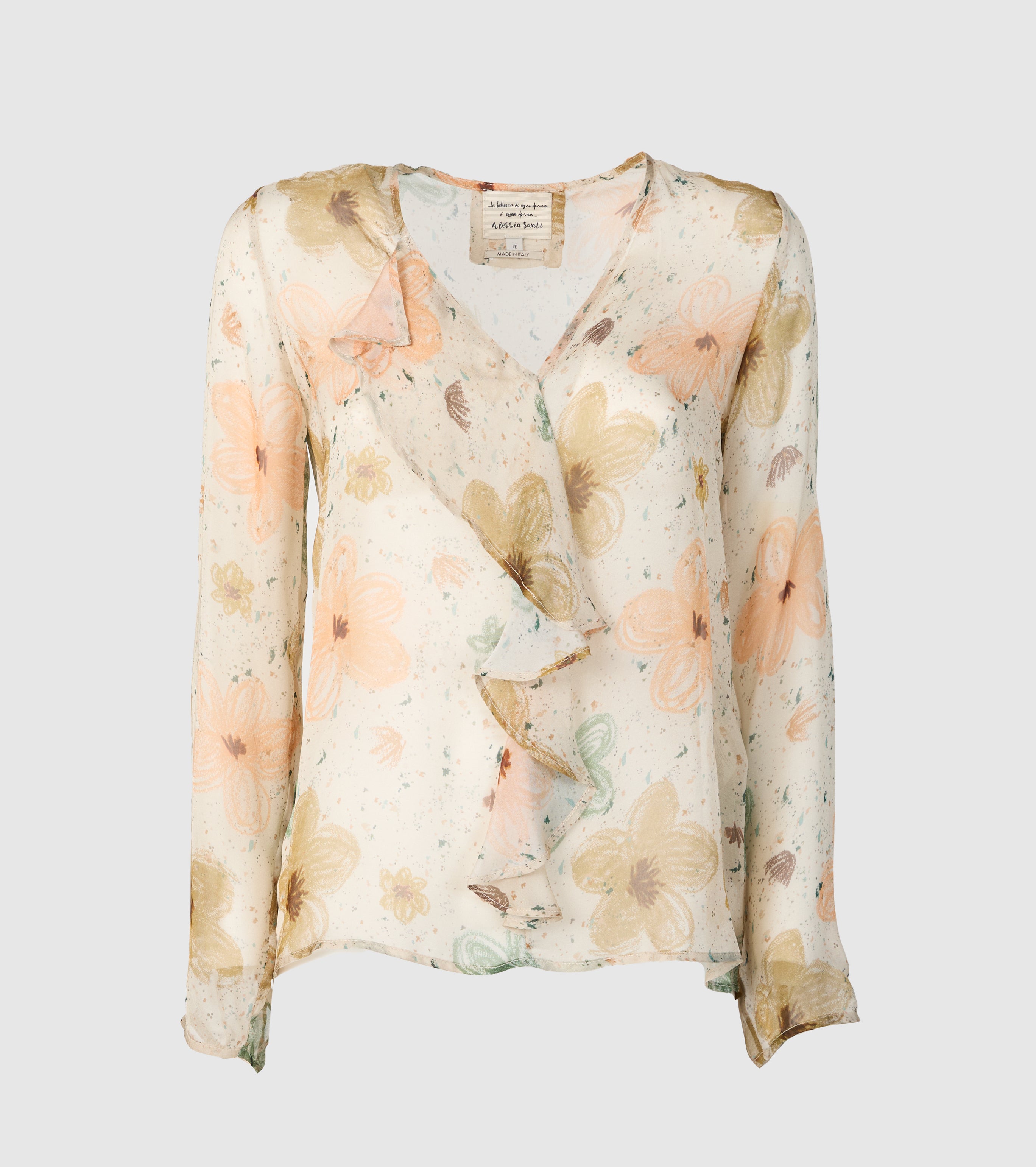 Blusa in seta stampata con rouches