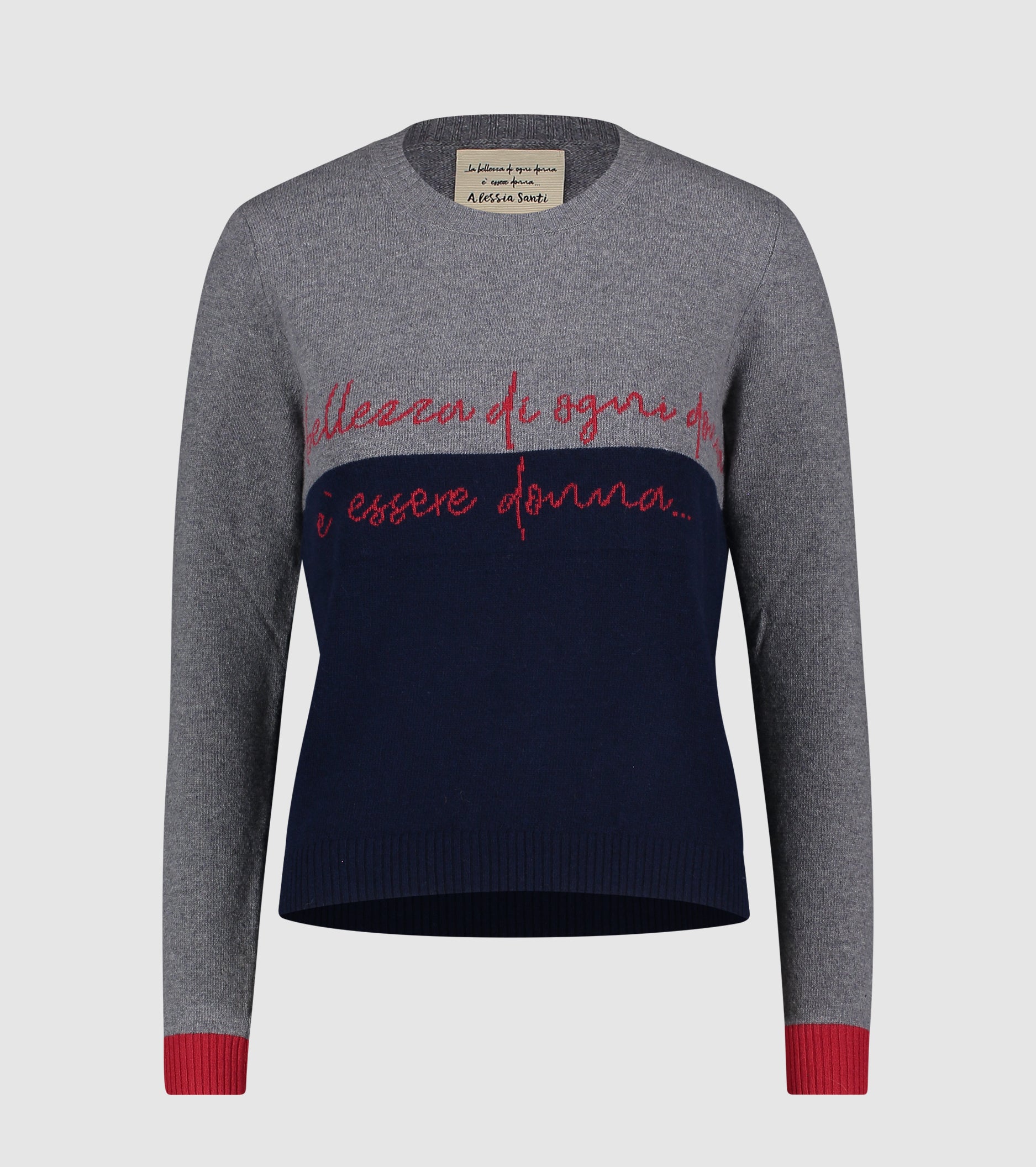 Suéter de cuello redondo de lana y cachemira con letras.