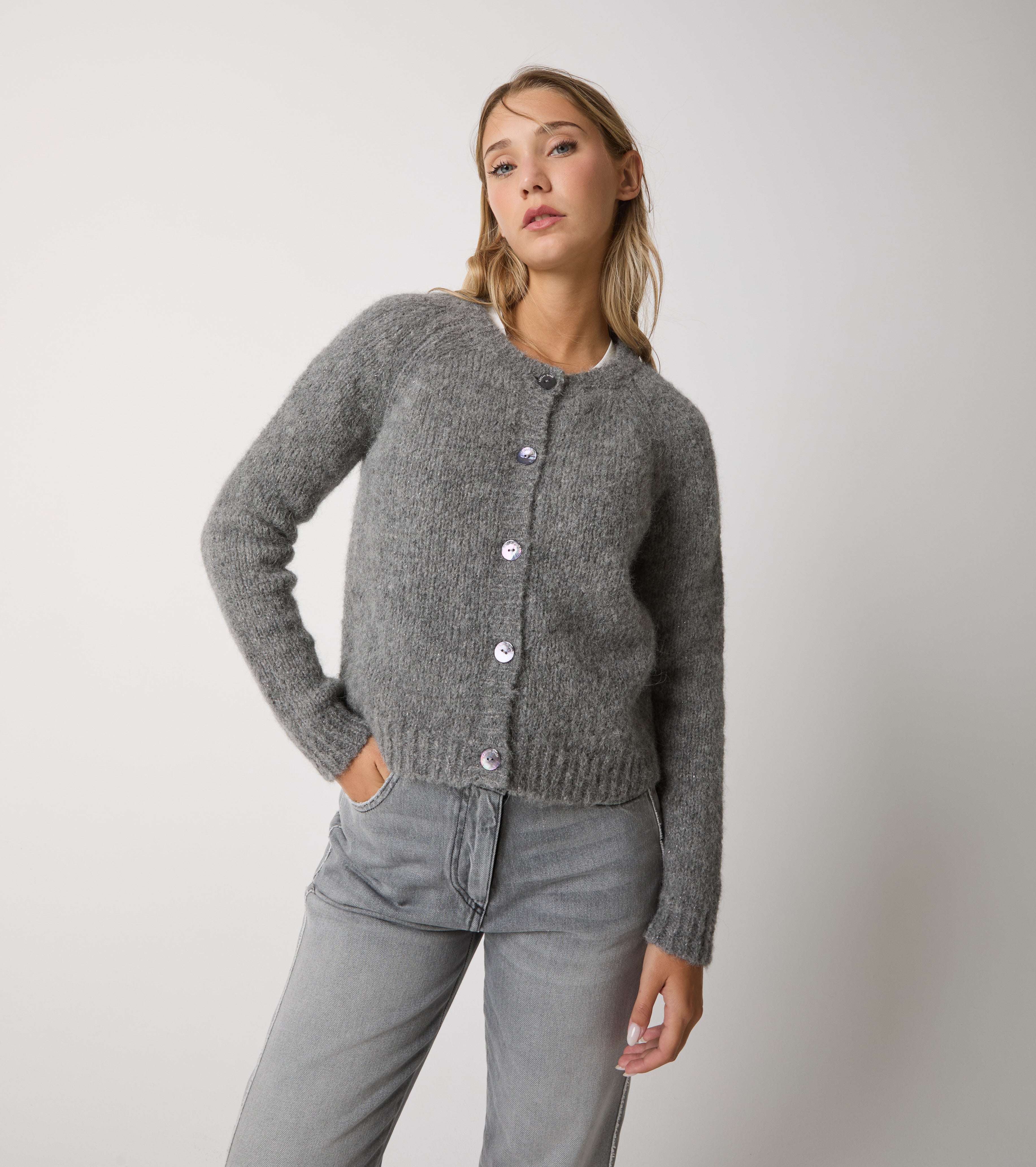 Cardigan girocollo in alpaca e lana