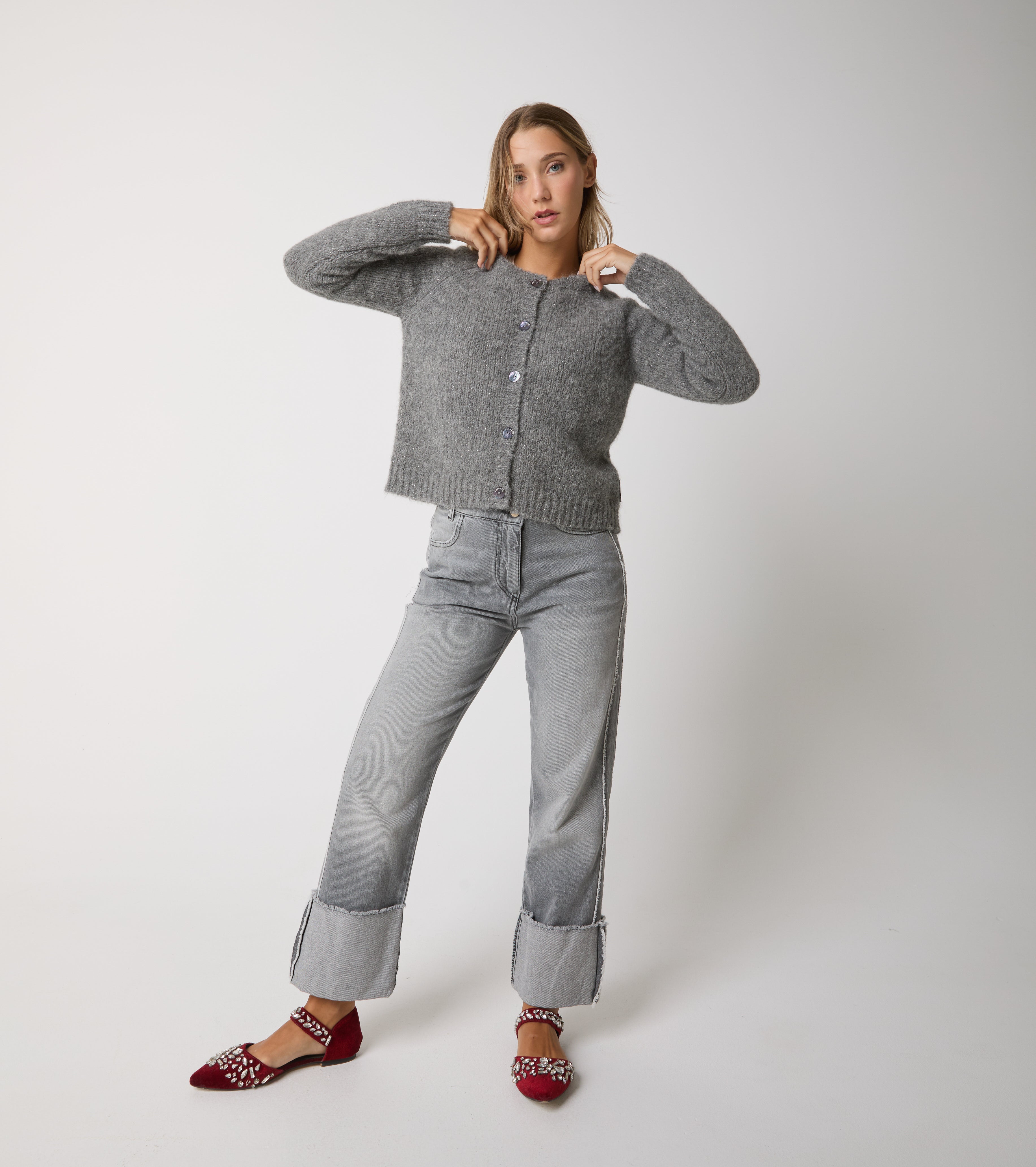 Cardigan girocollo in alpaca e lana