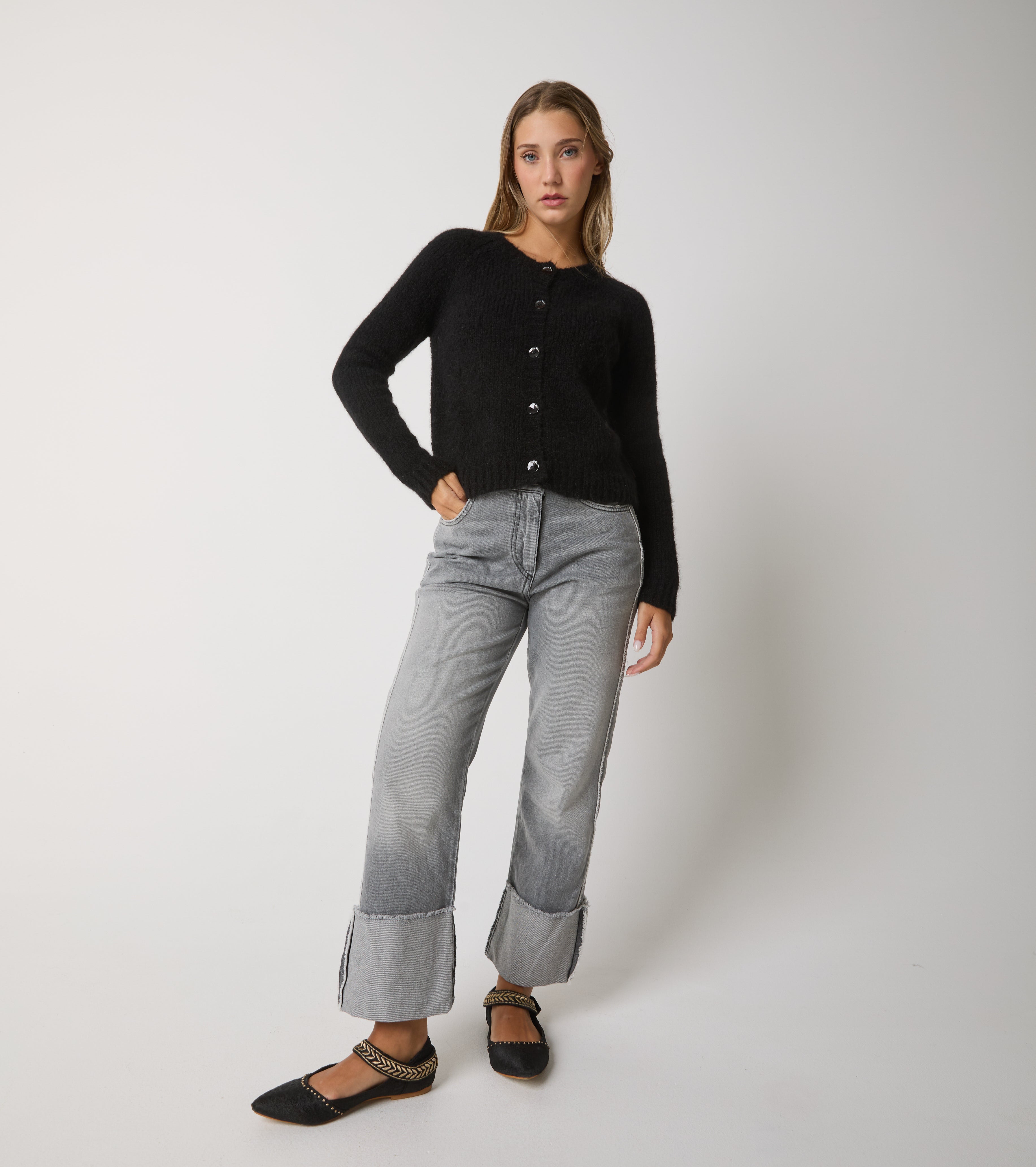 Cardigan girocollo in alpaca e lana