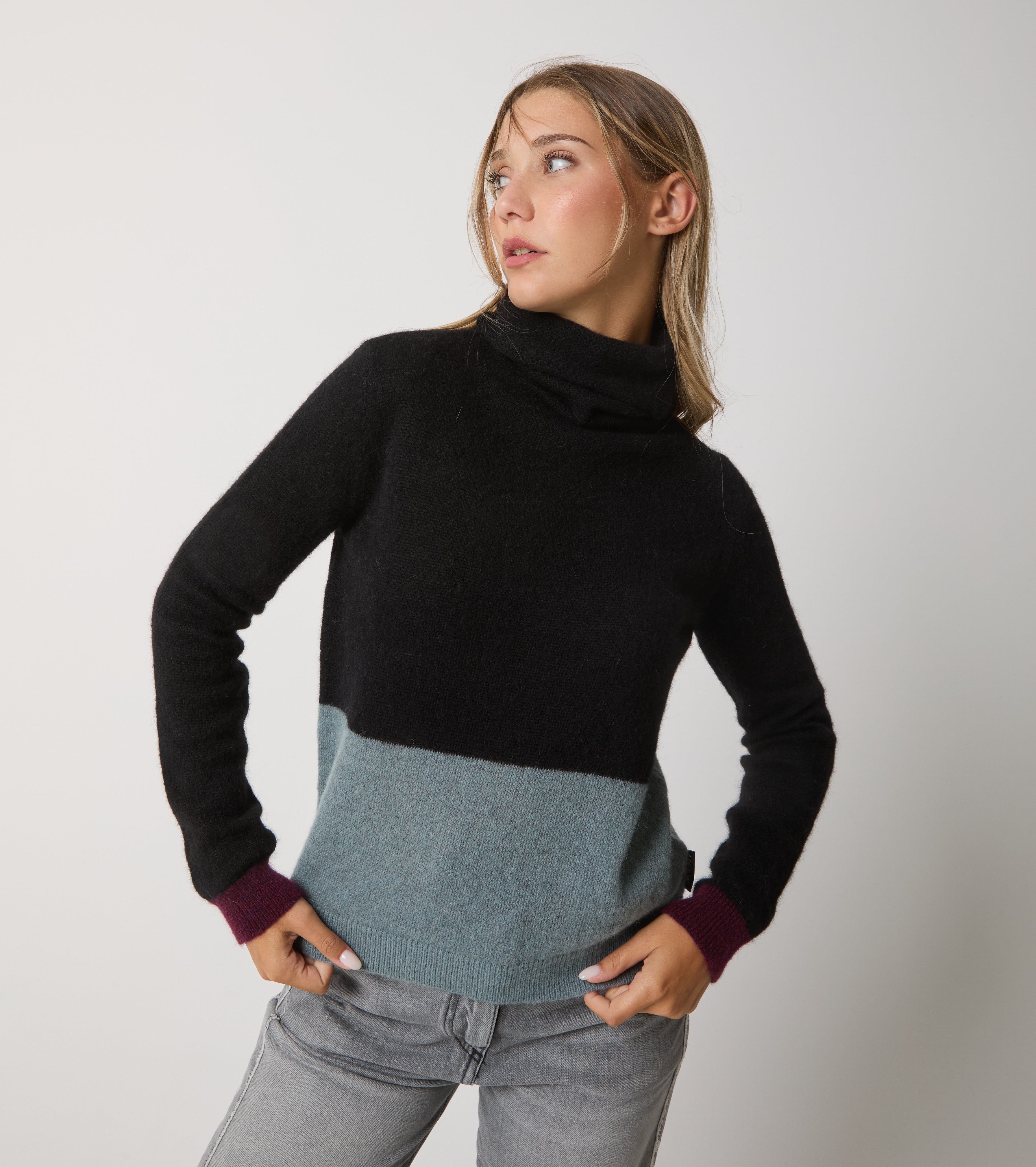 Cuello alto de alpaca y lana con bloques de color